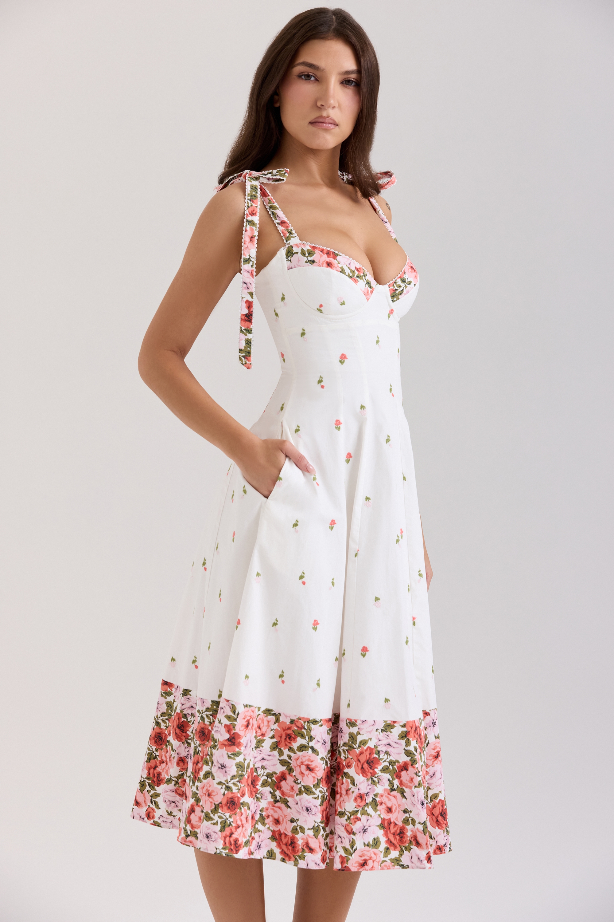 Emely-White Floral Print Stretch Cotton Midi Sundress