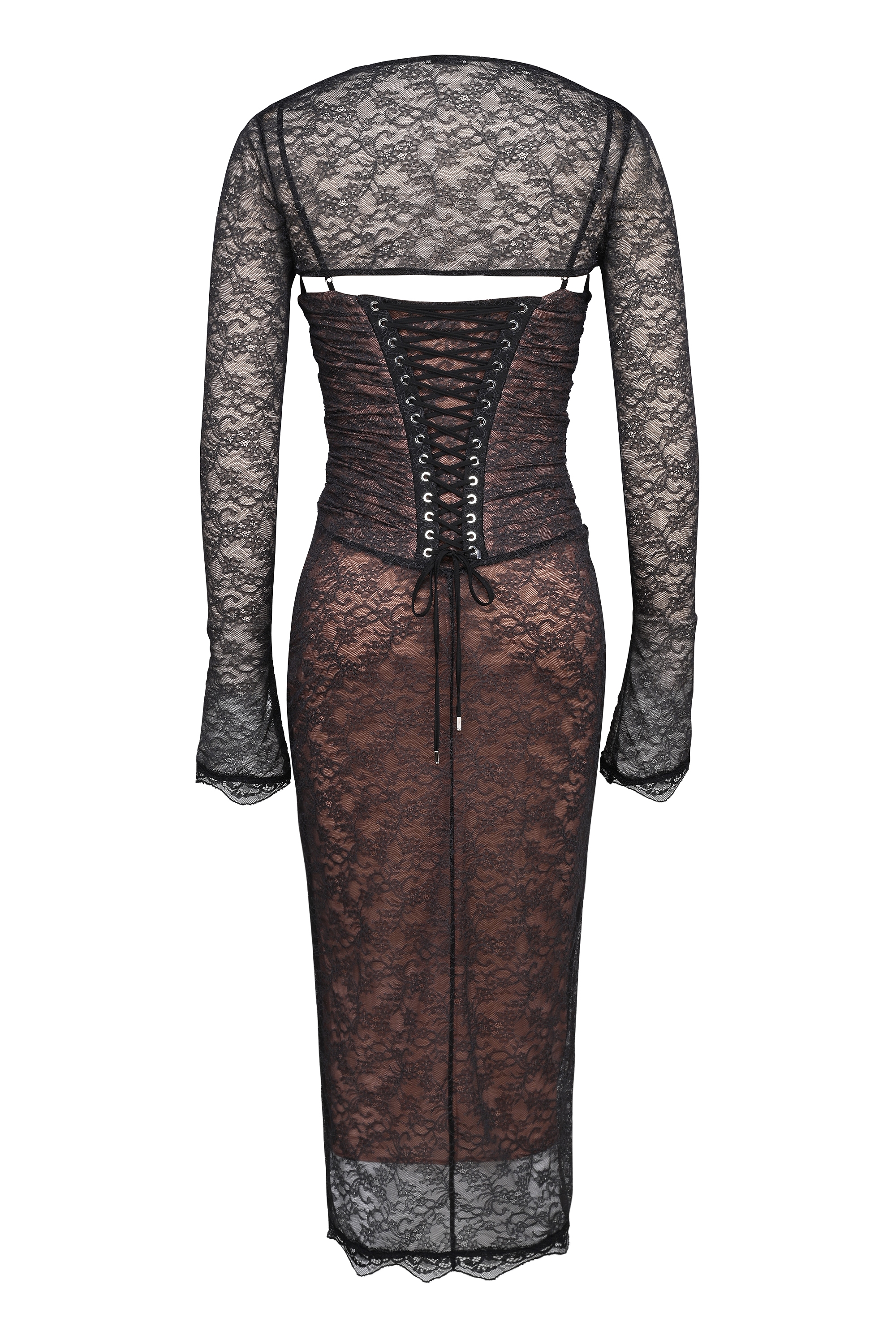 Gaia-Black Lace Corset Midi Dress
