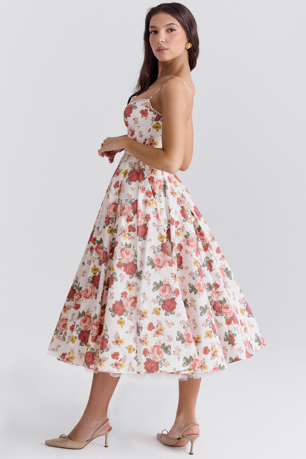 Mademoiselle-Italian Rose Print Tulle Midi Dress