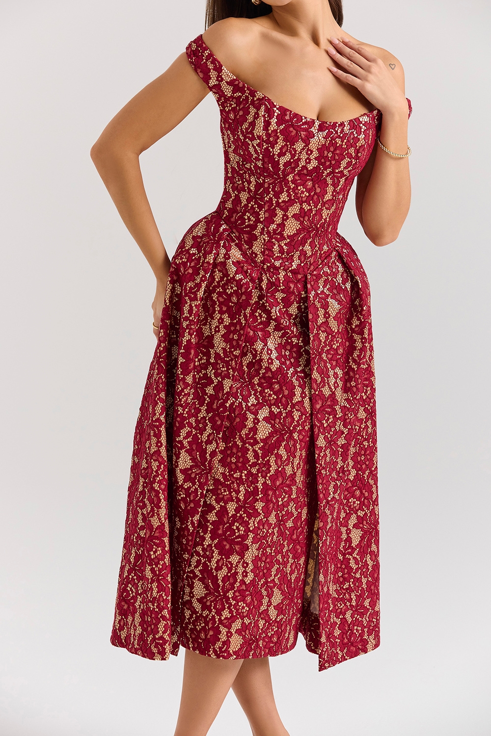 Charming-Gold and Berry Lace Midi Off Shoulder Dress