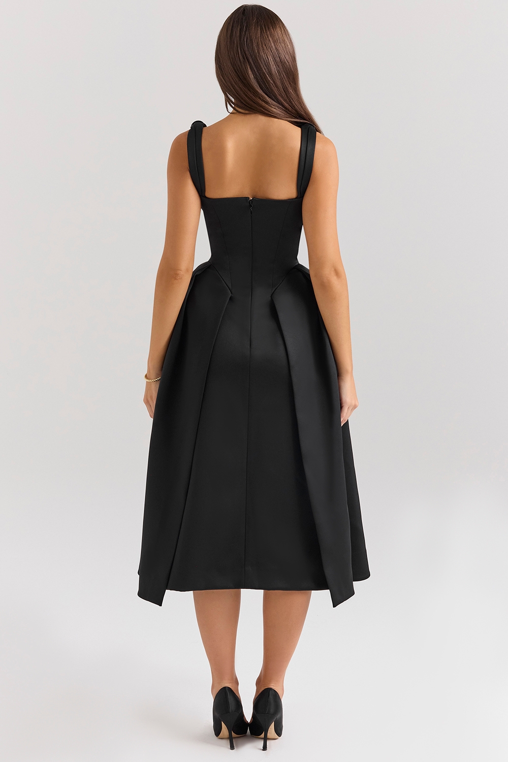 Paloma-Black Satin Twist Strap Midi Dress - SALE
