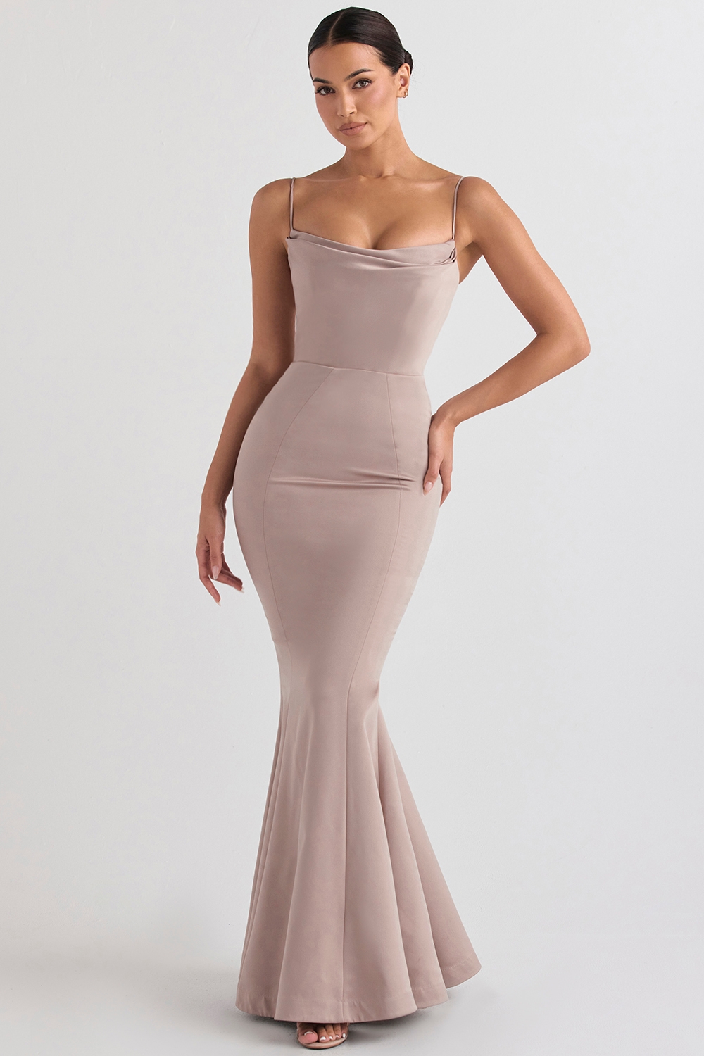 Violette-Mushroom Satin Fishtail Gown