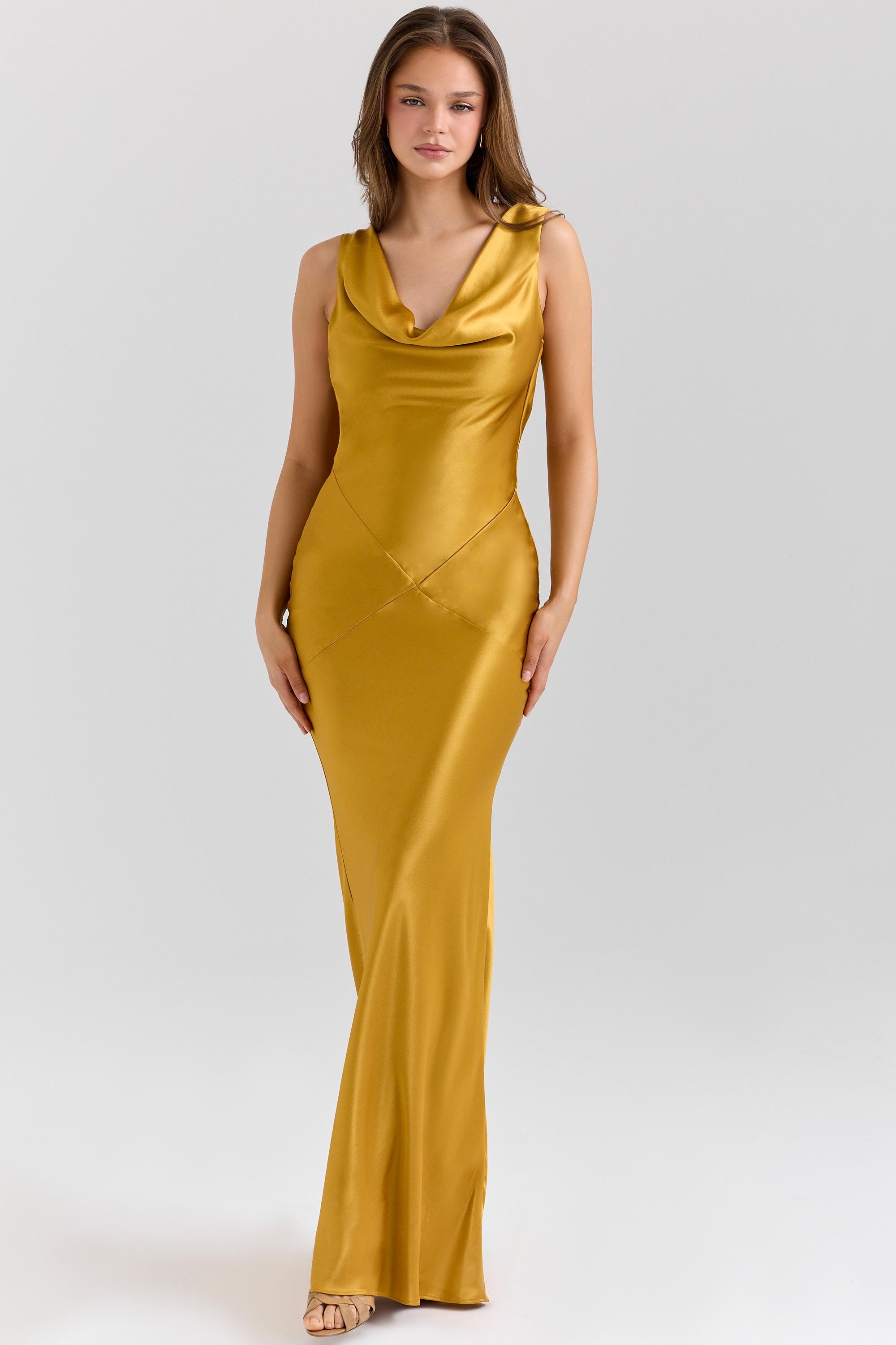 Safaira-Amber Satin Draped Cowl Neck Maxi Dress