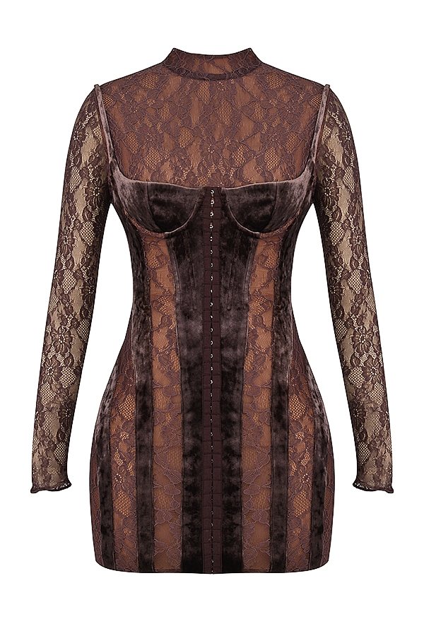 Marica-Brown Velvet & Lace Corset Dress