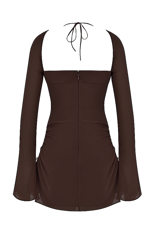 Baby-Chocolate Chiffon Cutout Halter Mini Dress