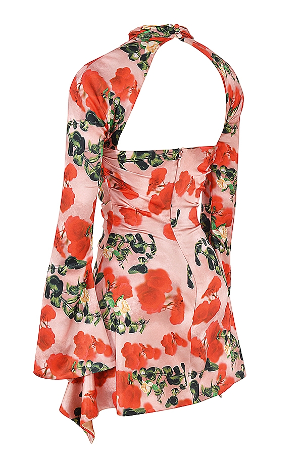 Toira-Rose Print Draped Corset Dress