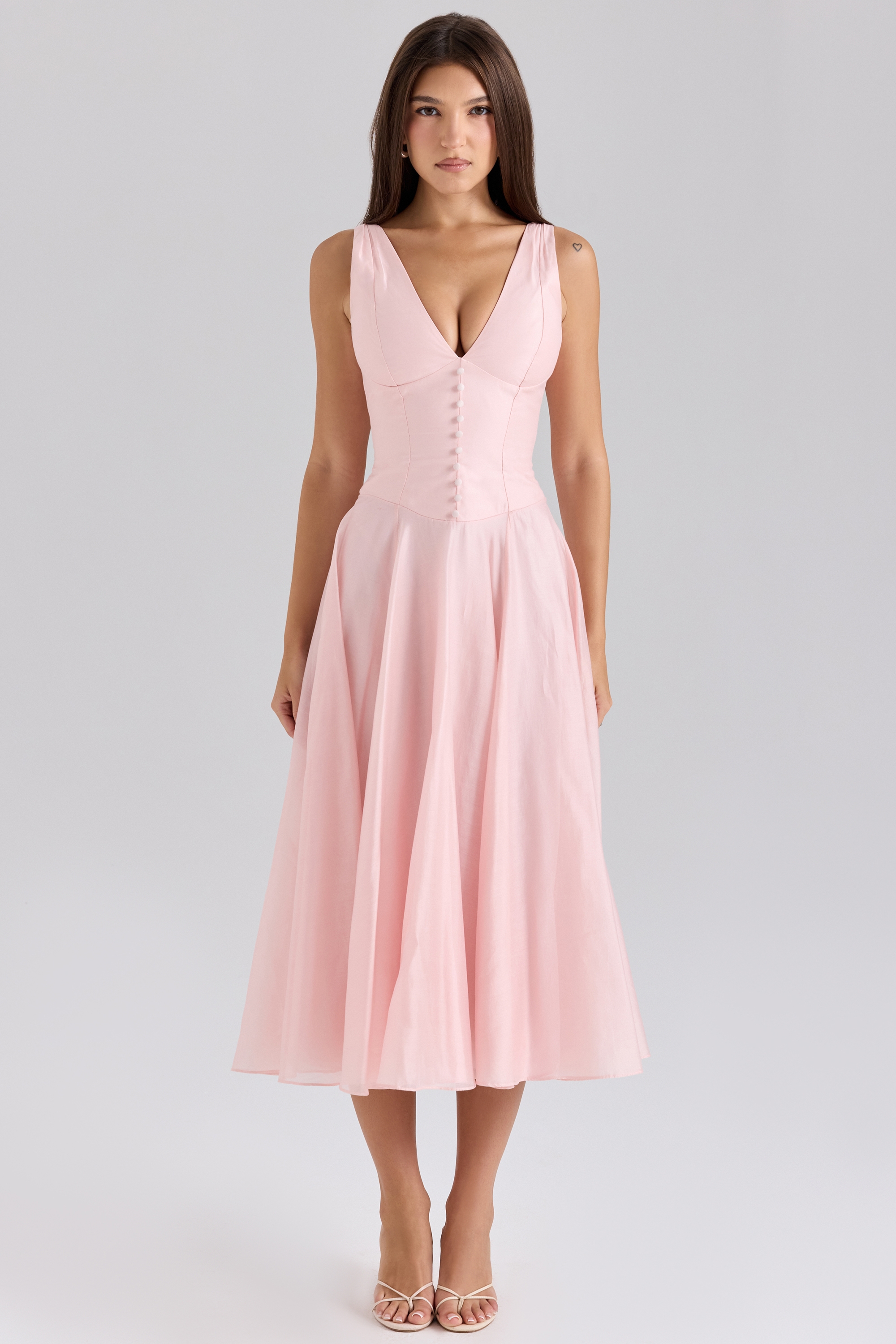 Samira-Pink Chiffon Button Midi Dress
