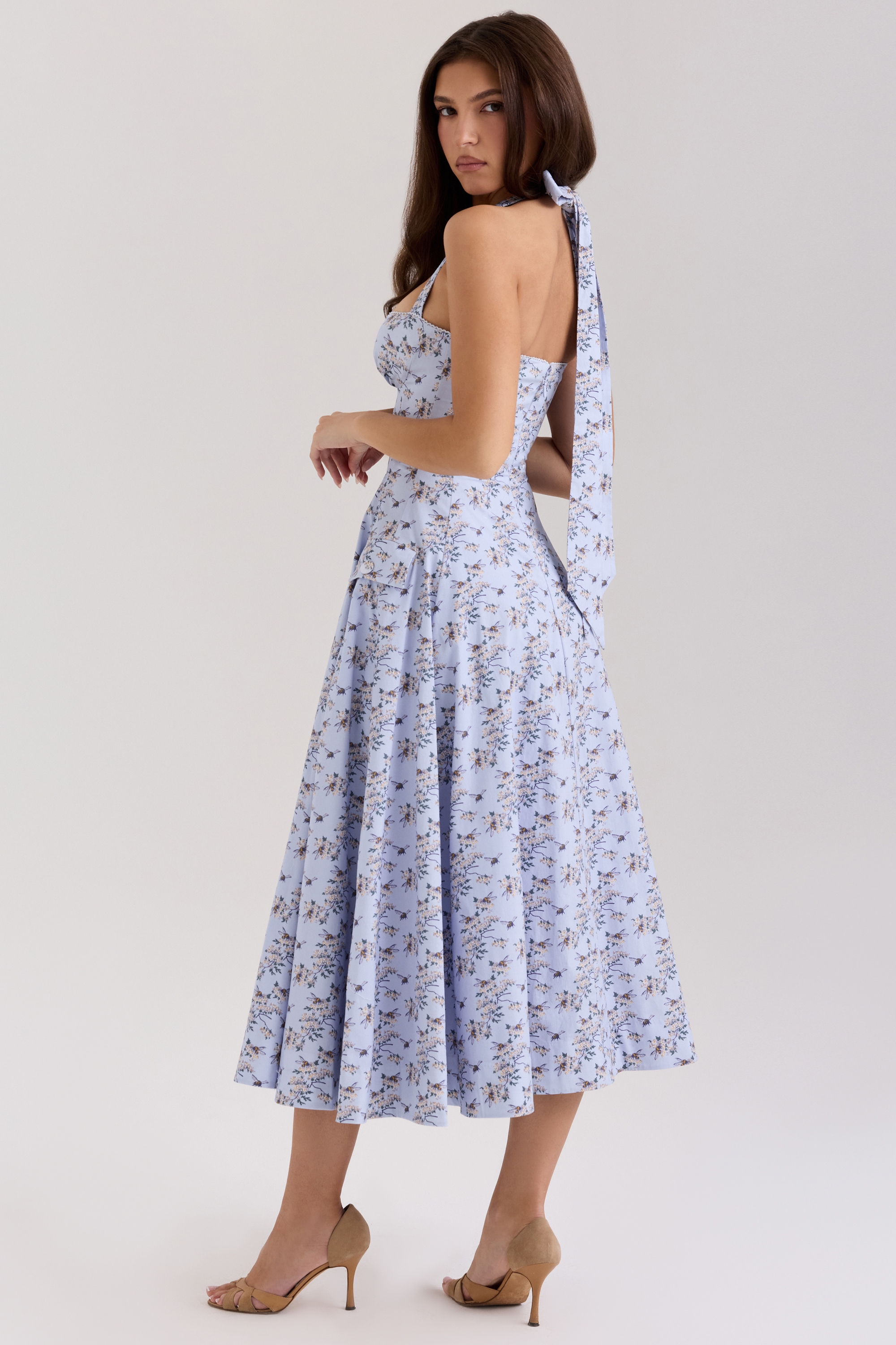 Claudia-Blue Floral Print Stretch Cotton Halter Neck Midi Dress