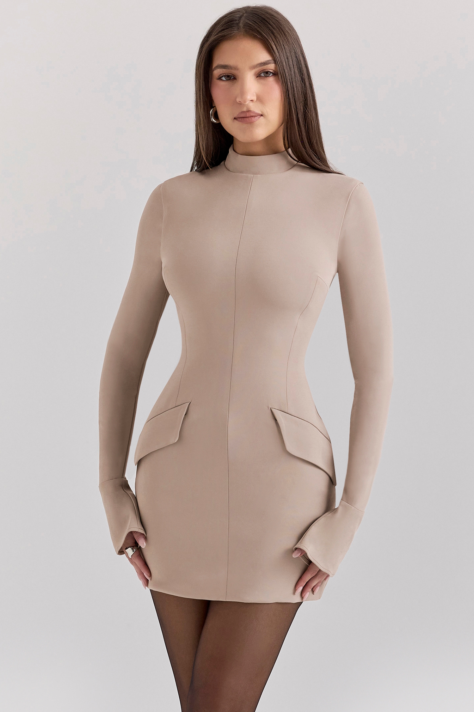 Mahalia-Taupe Long Sleeve Mini Dress