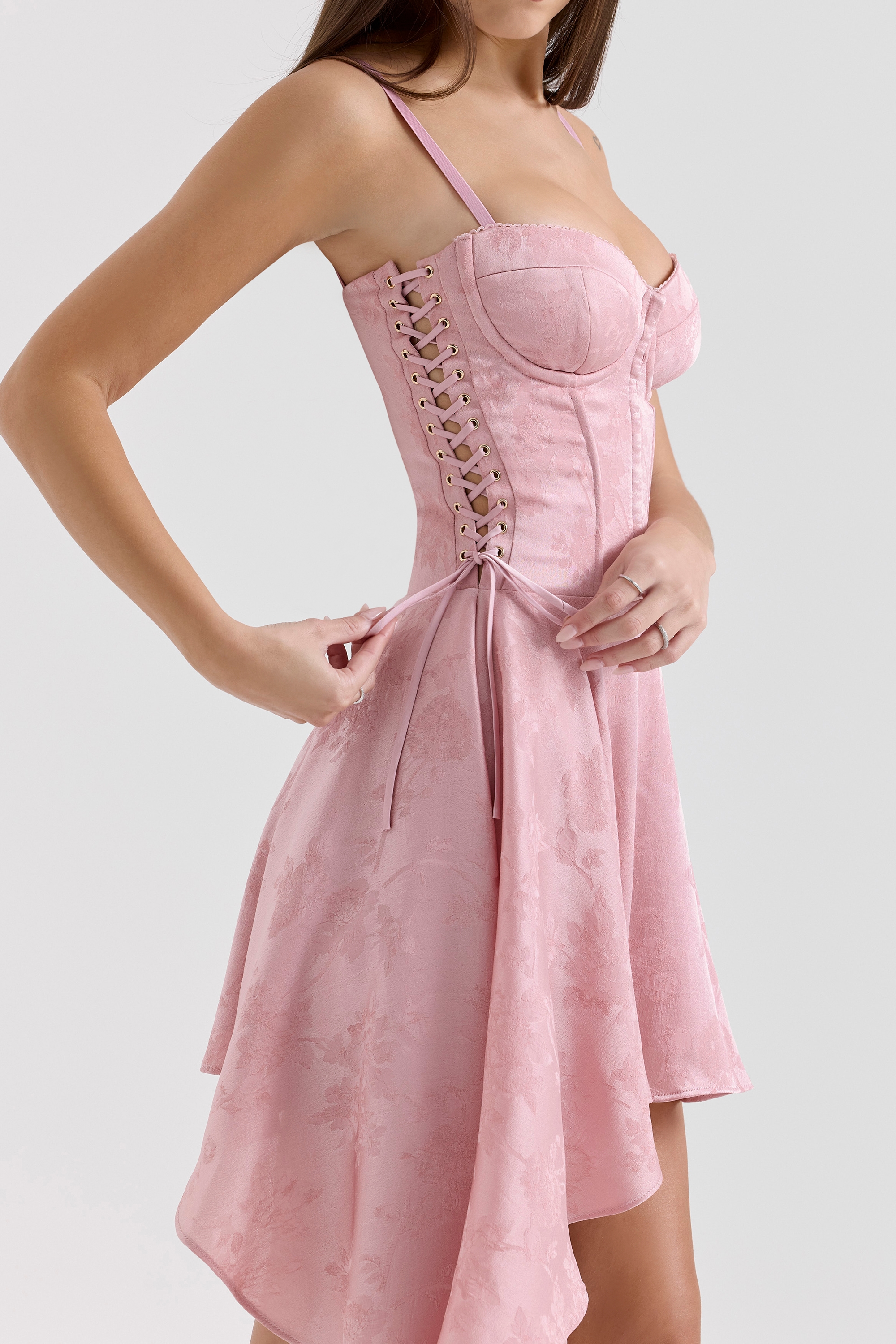 Lola-Pink Jacquard Draped Mini Dress