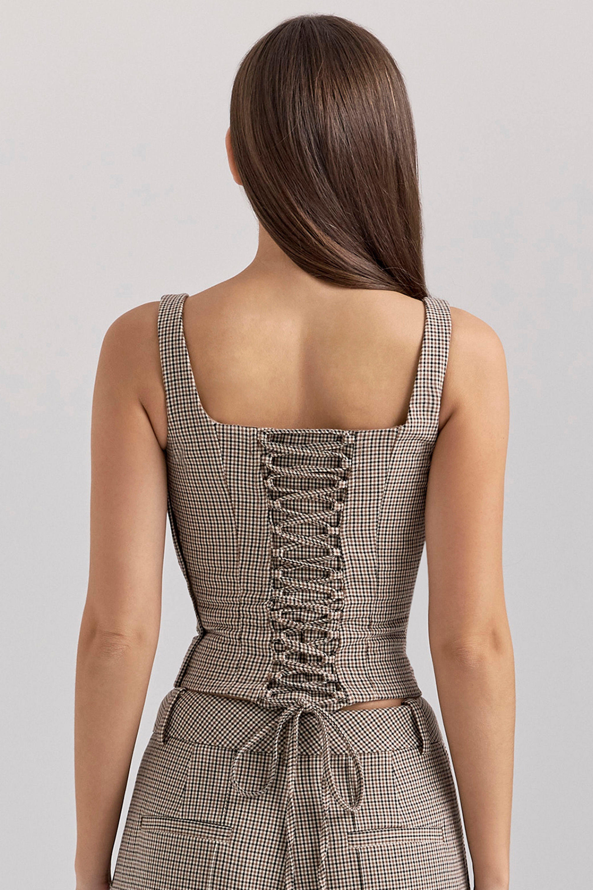 Selma-Brown Puppytooth Boned Corset Top