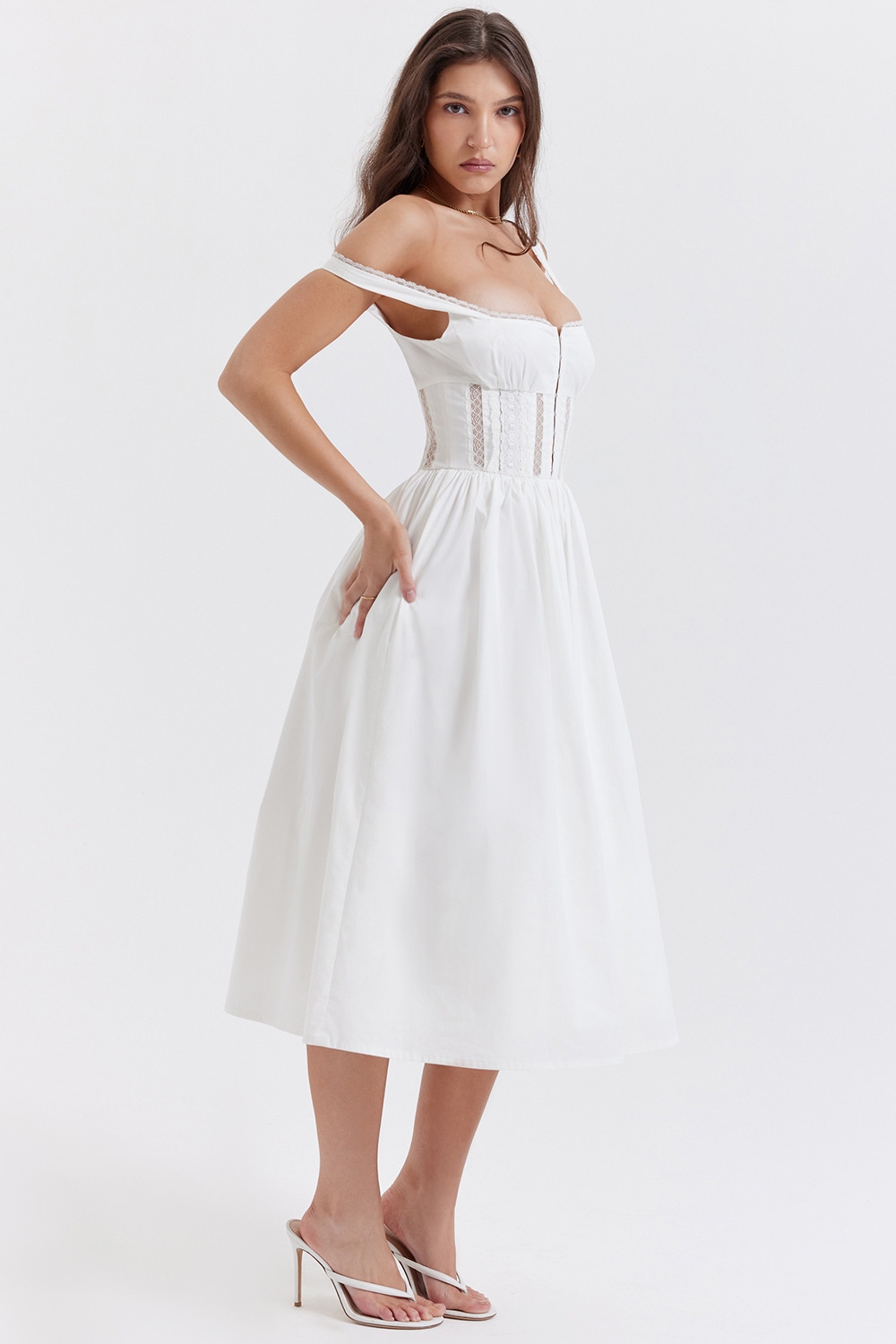 Perle-White Lace Trim Midi Dress