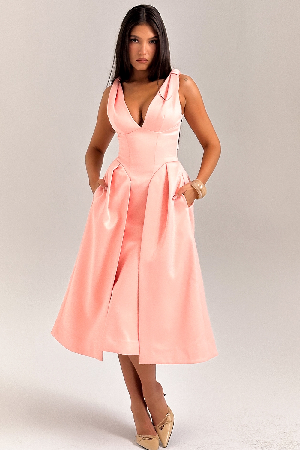 Paloma-Peach Satin Pleated Midi Dress - SALE