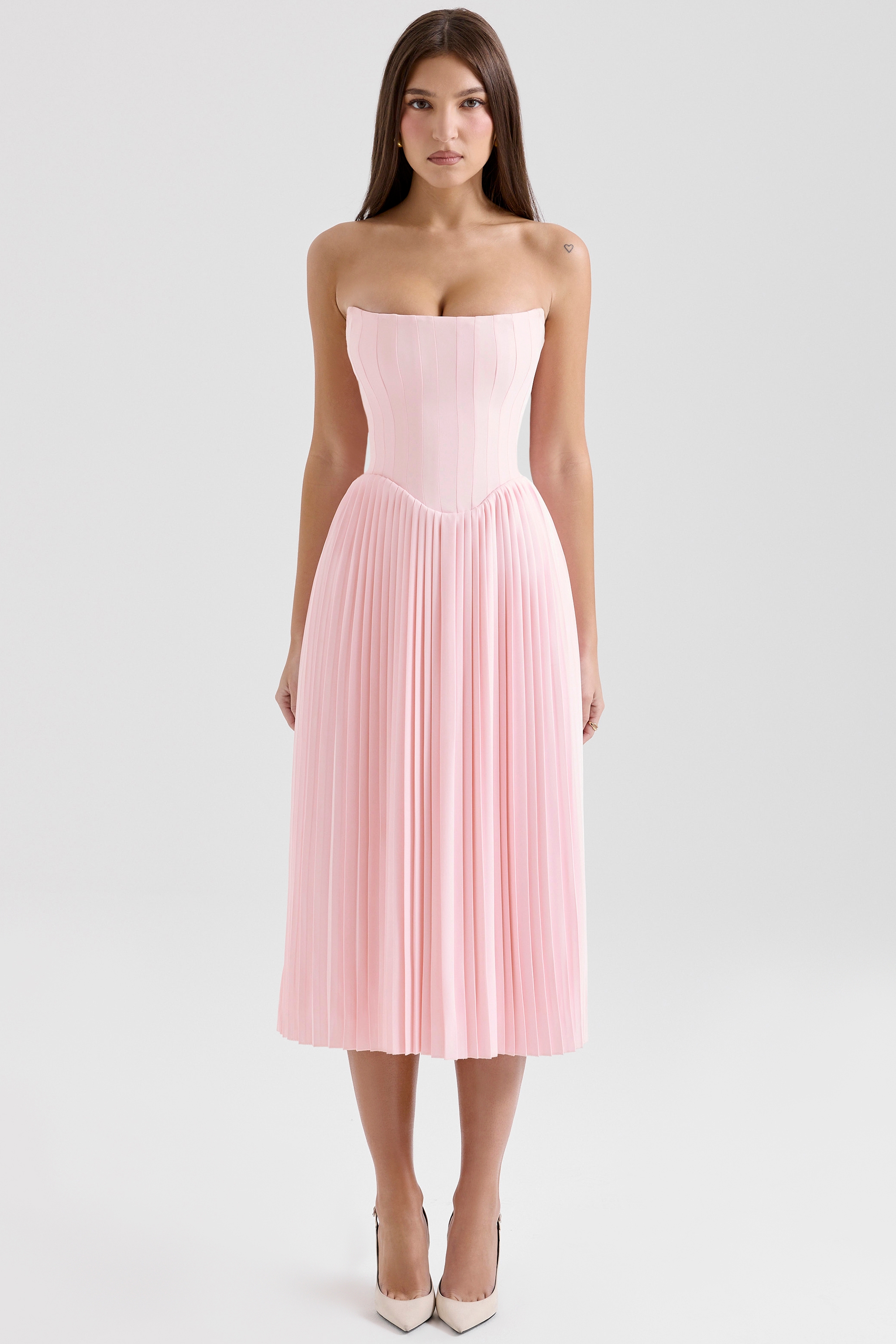 Marci-Pink Pleated Midi Corset Dress