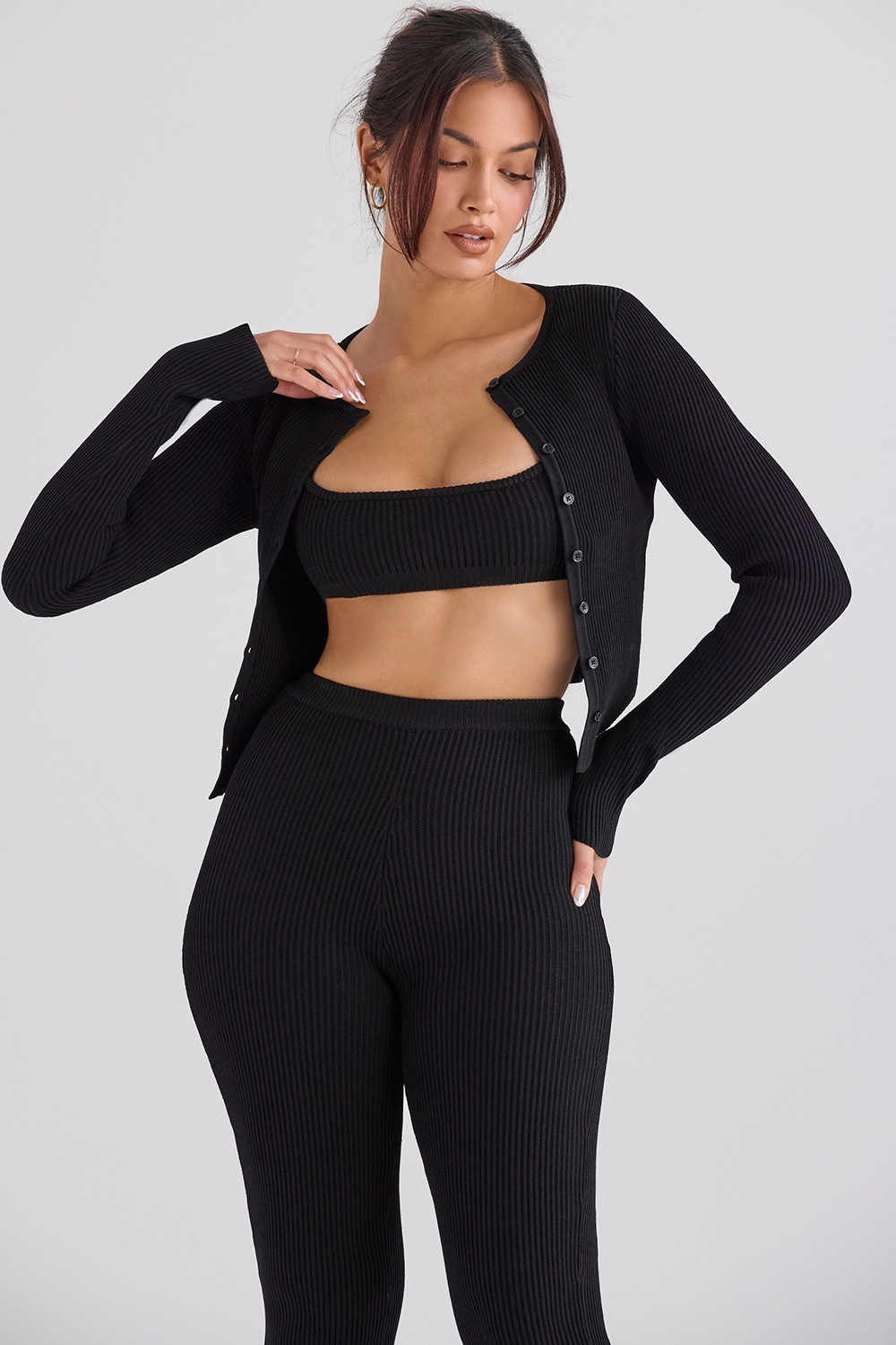 Sylvia-Black Ribbed Knit Cardigan - SALE