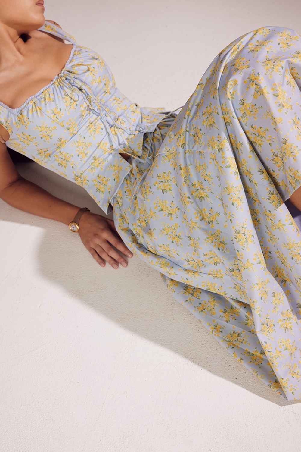 Cora-Soft Blue Vintage Floral Print Cotton Midi Skirt