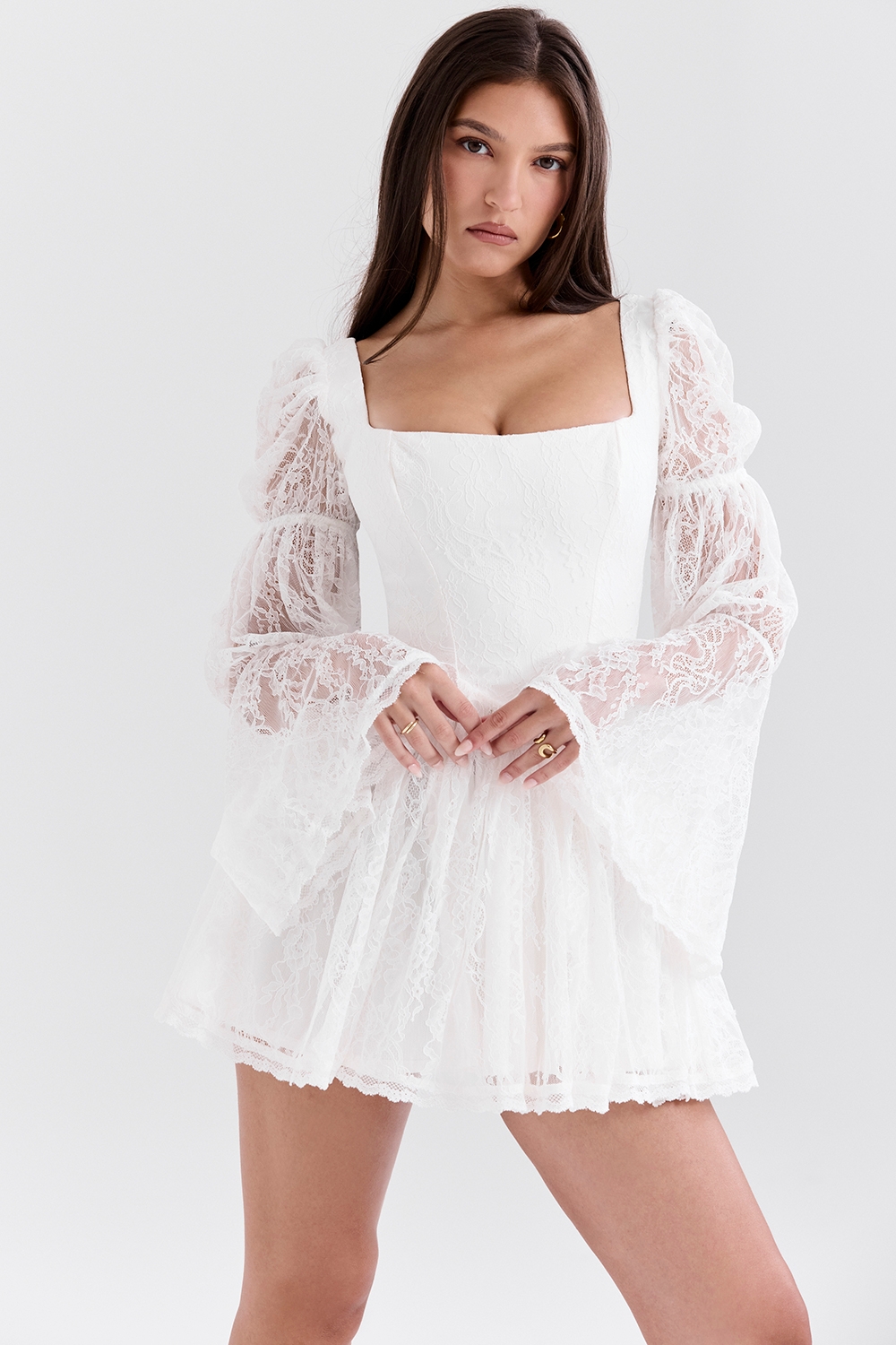 Sancia-White Lace Puff Sleeve Mini Dress