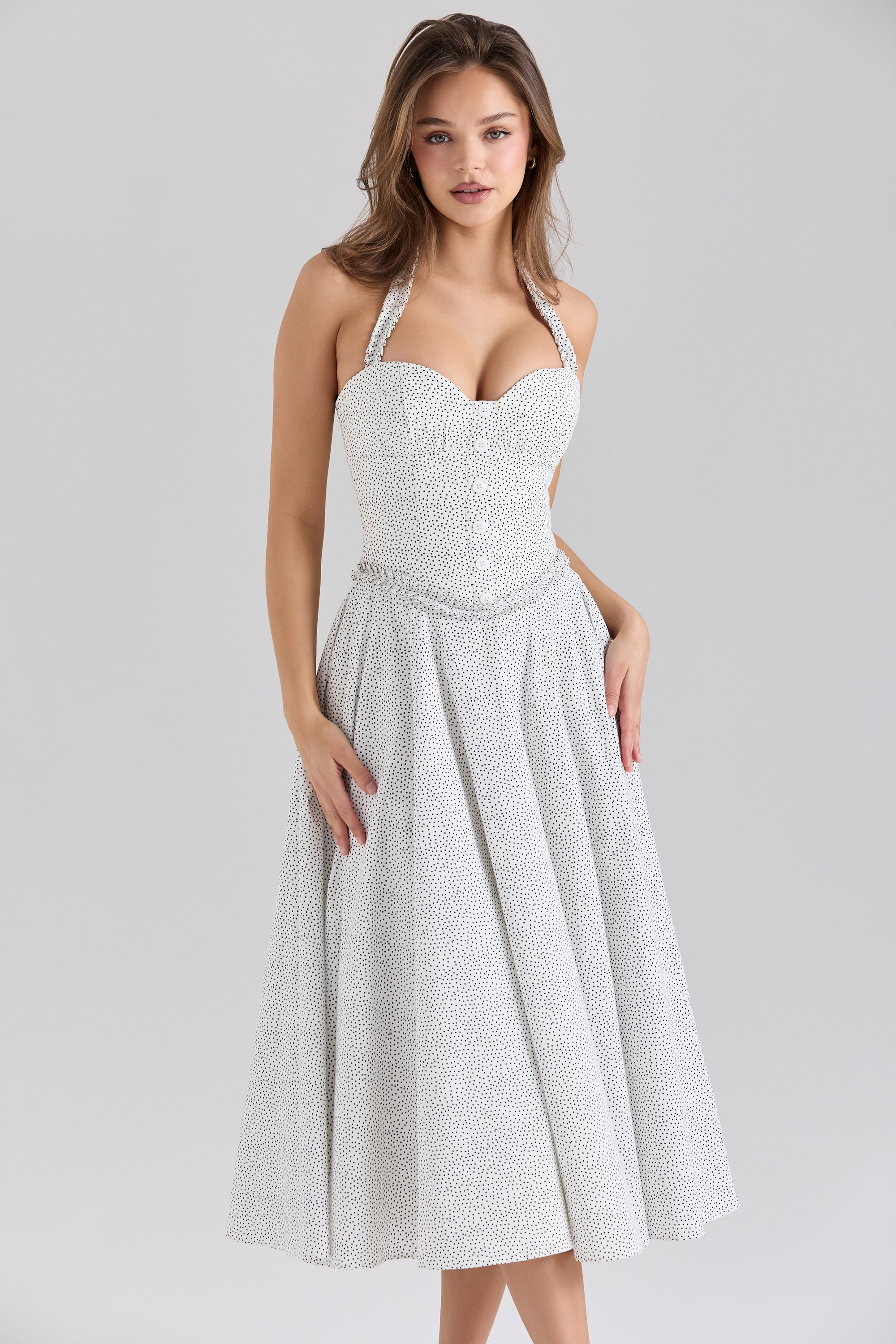 Georgie-Cotton Halter Neck Polka Dot Print Midi Dress