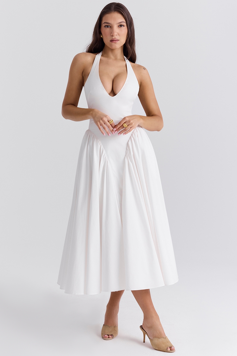 Marilyn-White Cotton Halter Midi Sundress