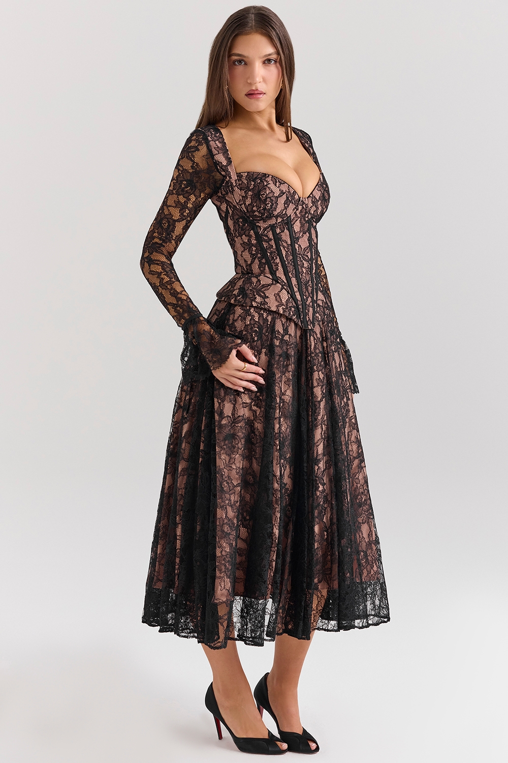 Raquel-Black Lace Corset Midi Dress - SALE