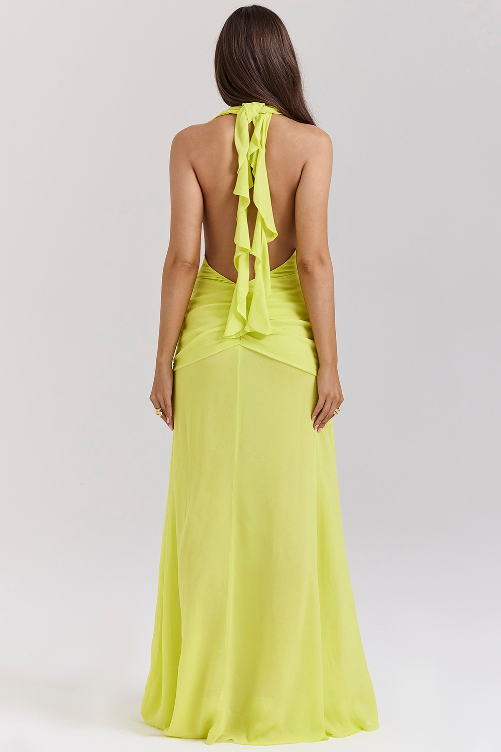 Olessia-Acid Lime Backless Halter Maxi Dress