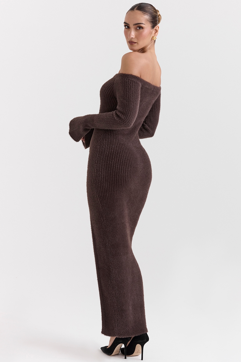 Lucena-Espresso Knit Off Shoulder Dress