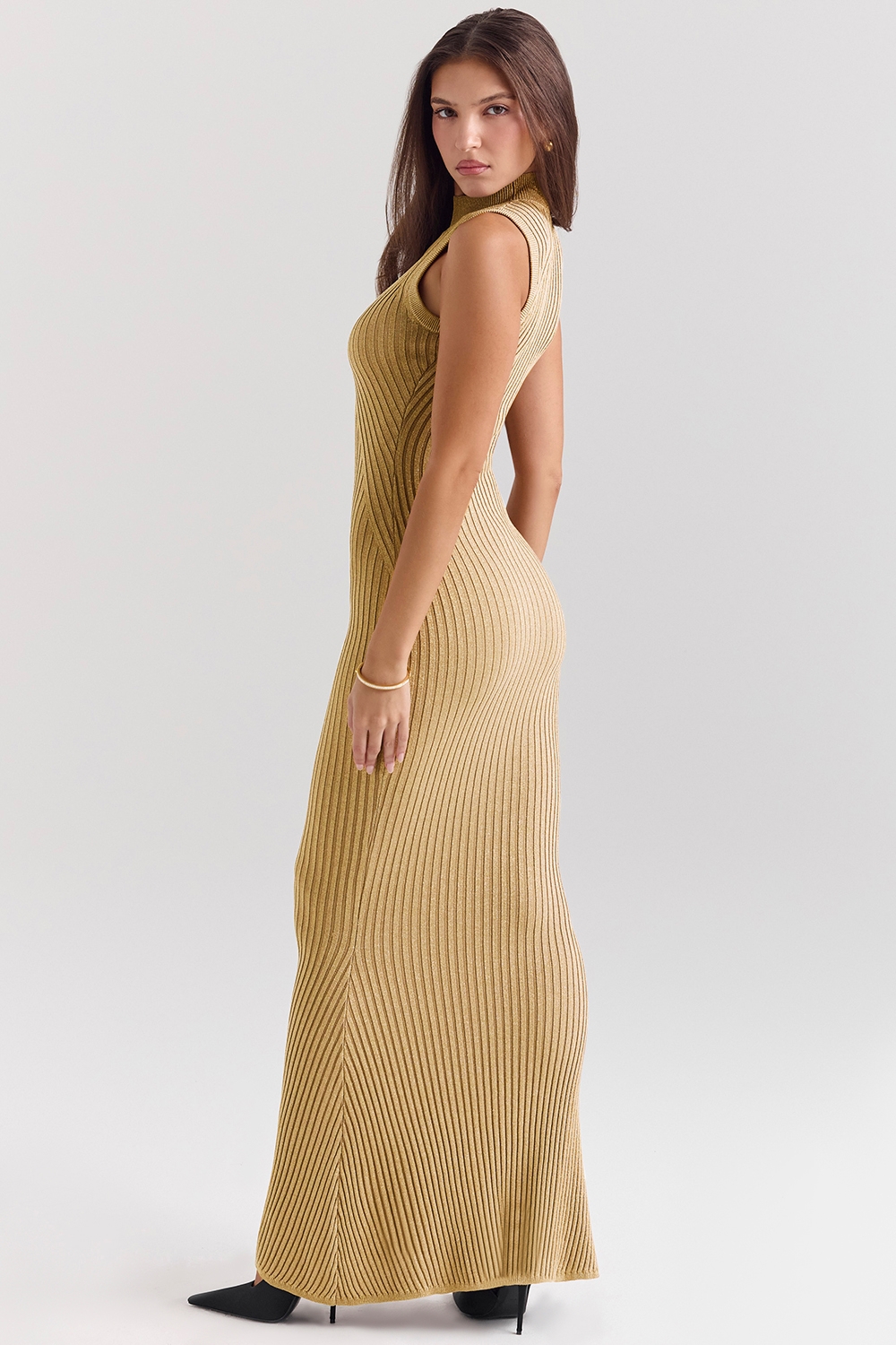 Emmie-Gold Metallic Ribbed Maxi Dress