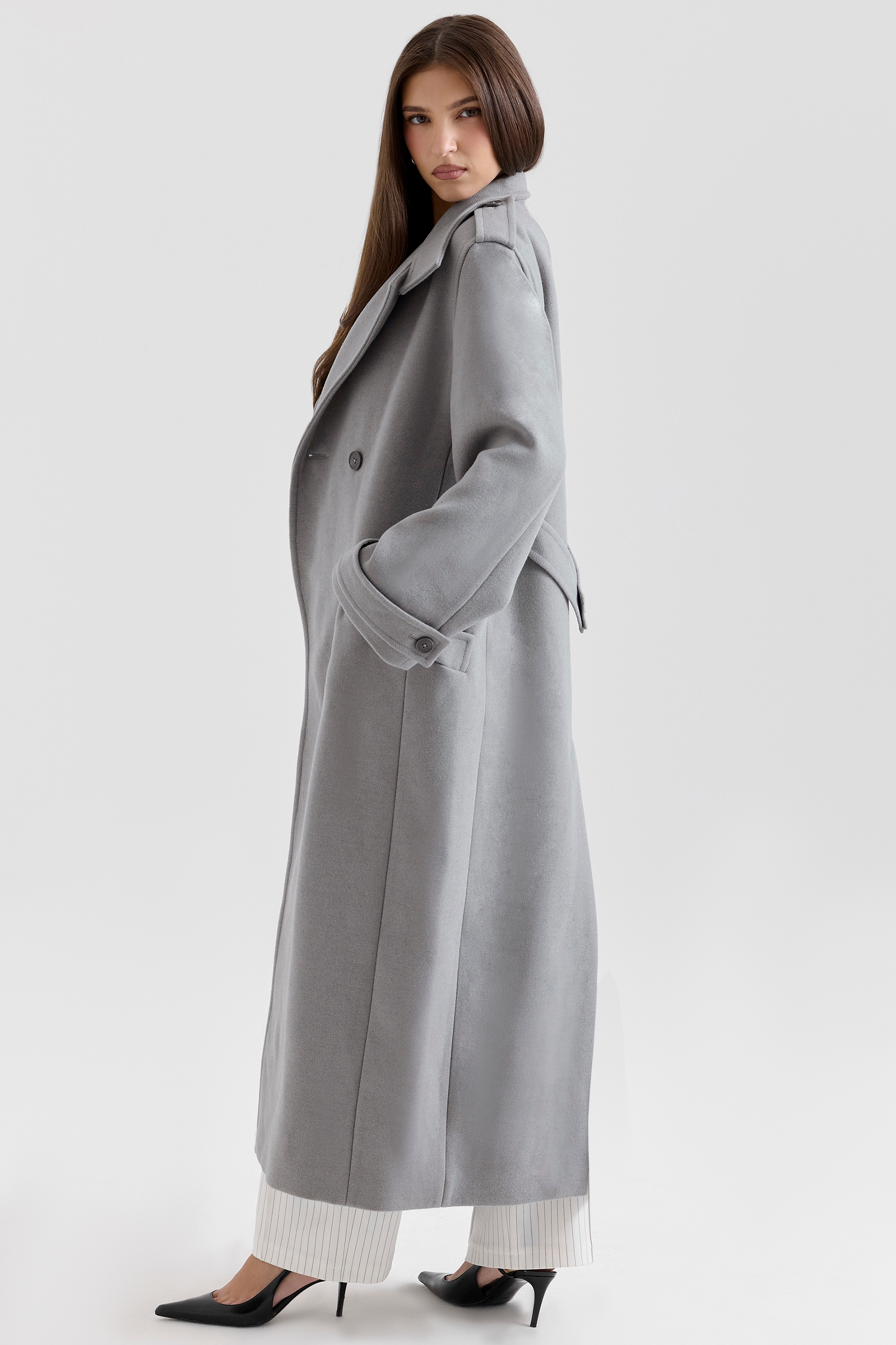 Sander-Grey Double Breasted Funnel Neck Coat