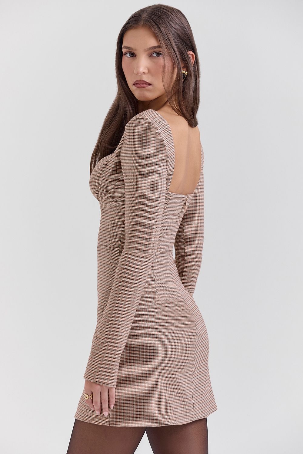 Angelie-Brown Puppytooth Check Plunge Mini Dress - SALE