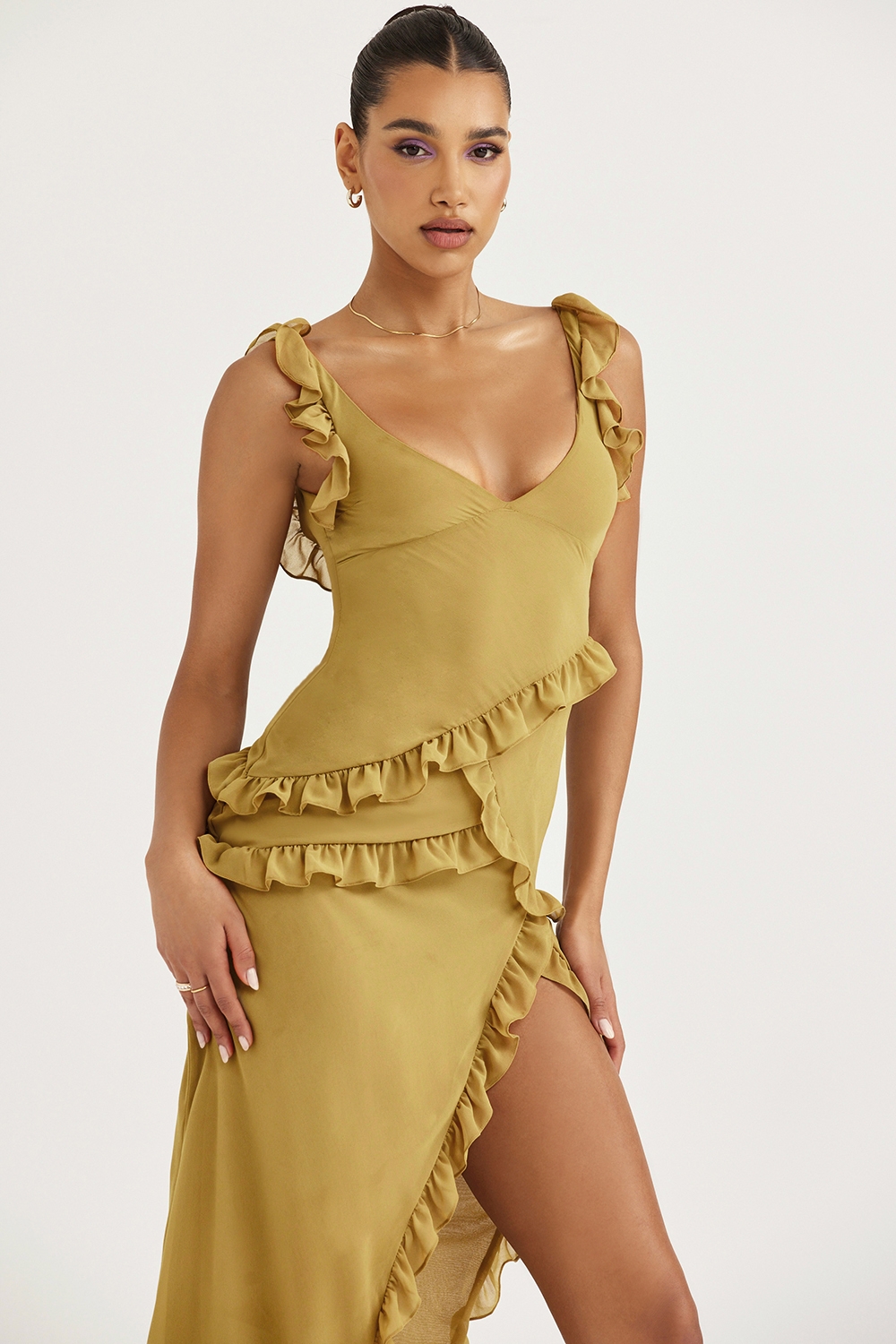 Pixie-Olive Ruffle Maxi Dress
