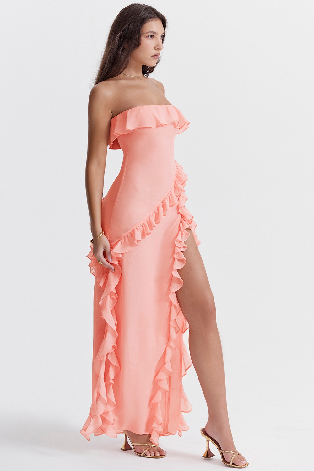 Sarina-Apricot Ruffle Maxi Dress