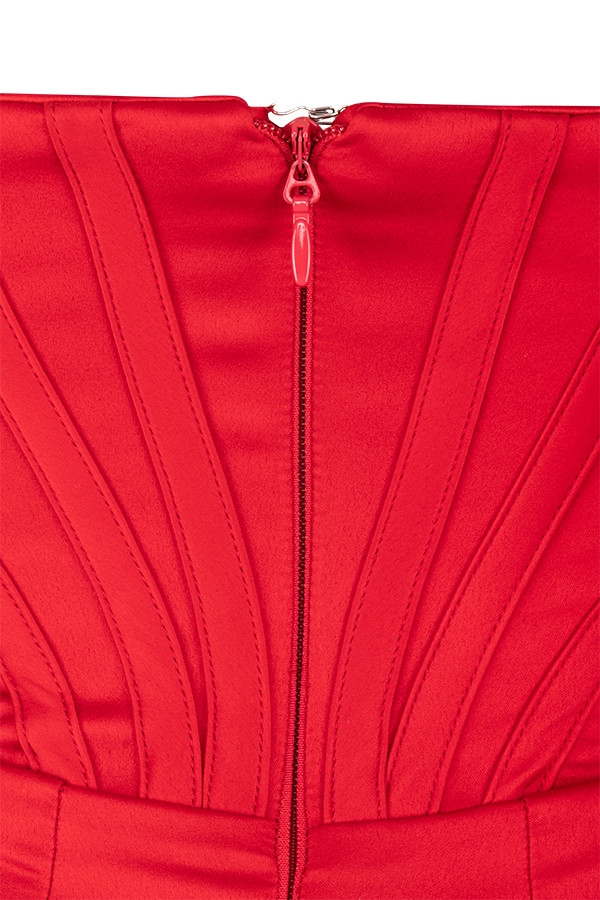 Loretta-Red Satin Off Shoulder Dress