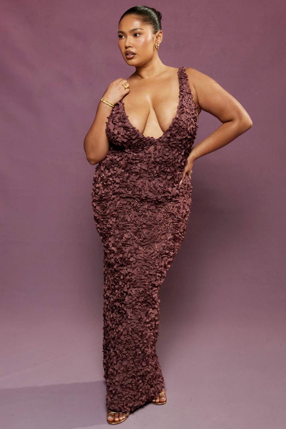 Carena-Merlot Plunge Floral Appliqué Maxi Dress