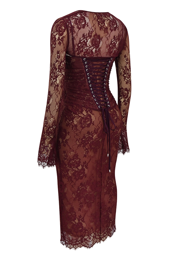 Gaia-Claret Lace Midi Dress