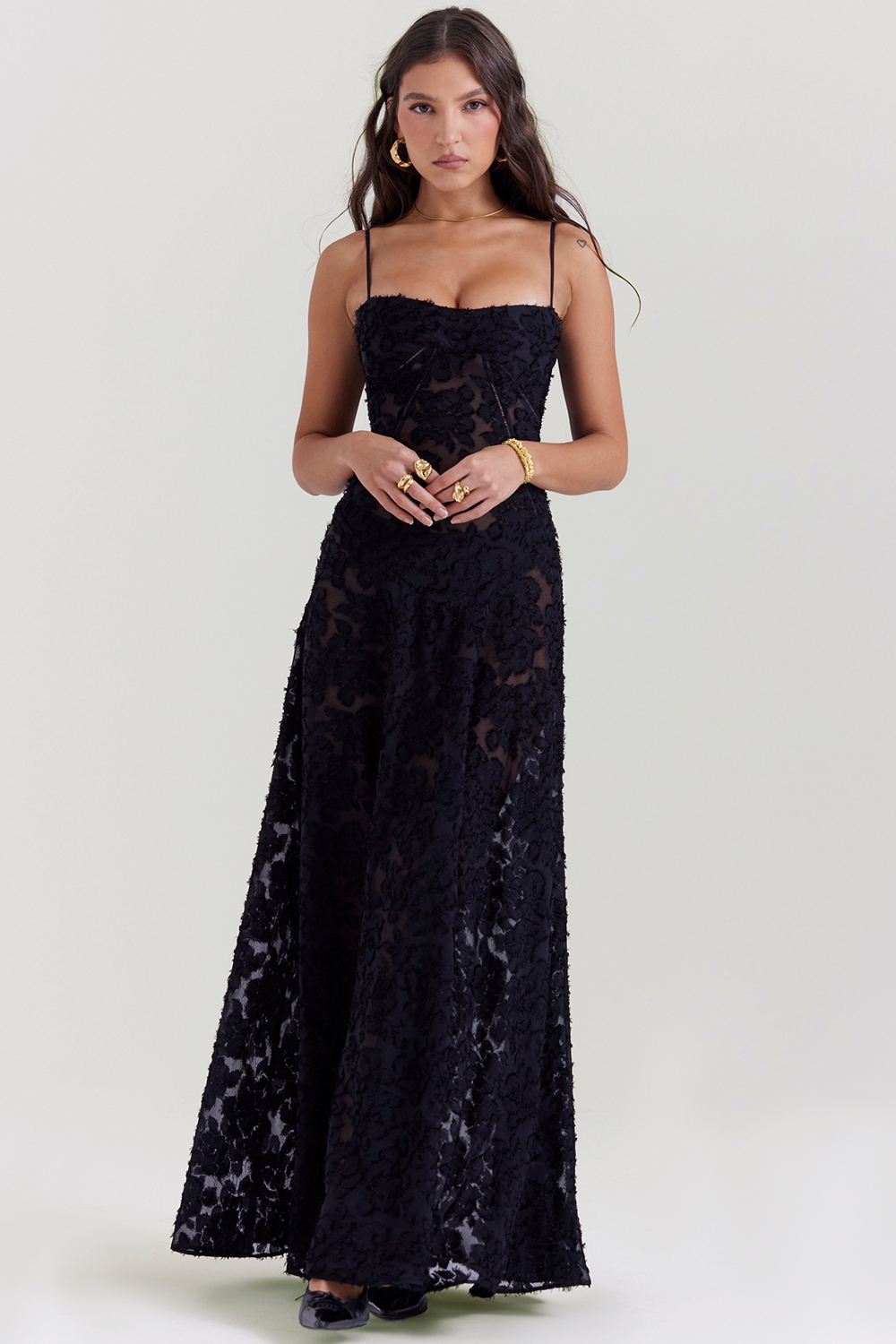 Seren-Black Floral Lace Back Maxi Dress
