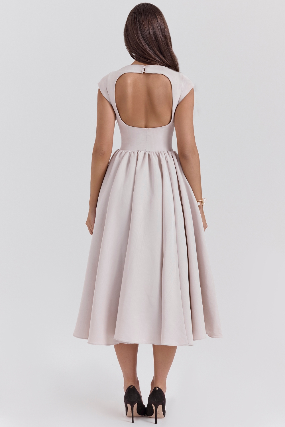 Debutante-French Dove Moire Satin Backless Midi Dress