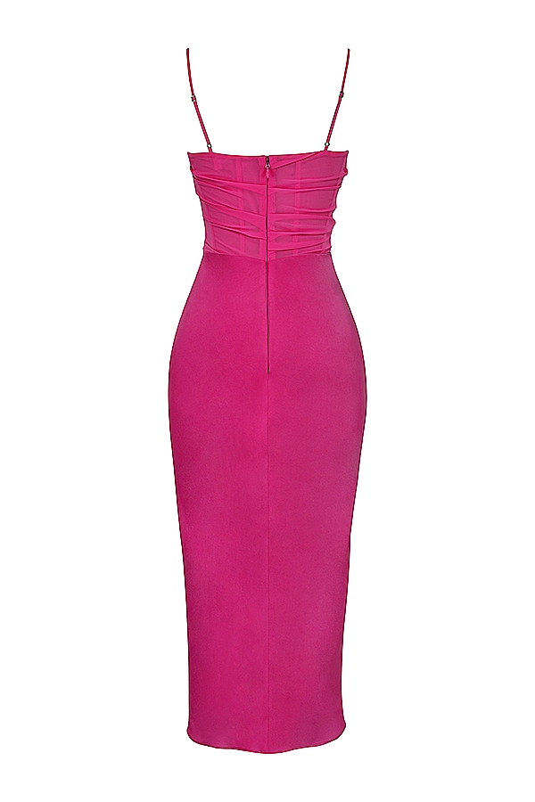 Teia-Hot Pink Draped Corset Midi Dress