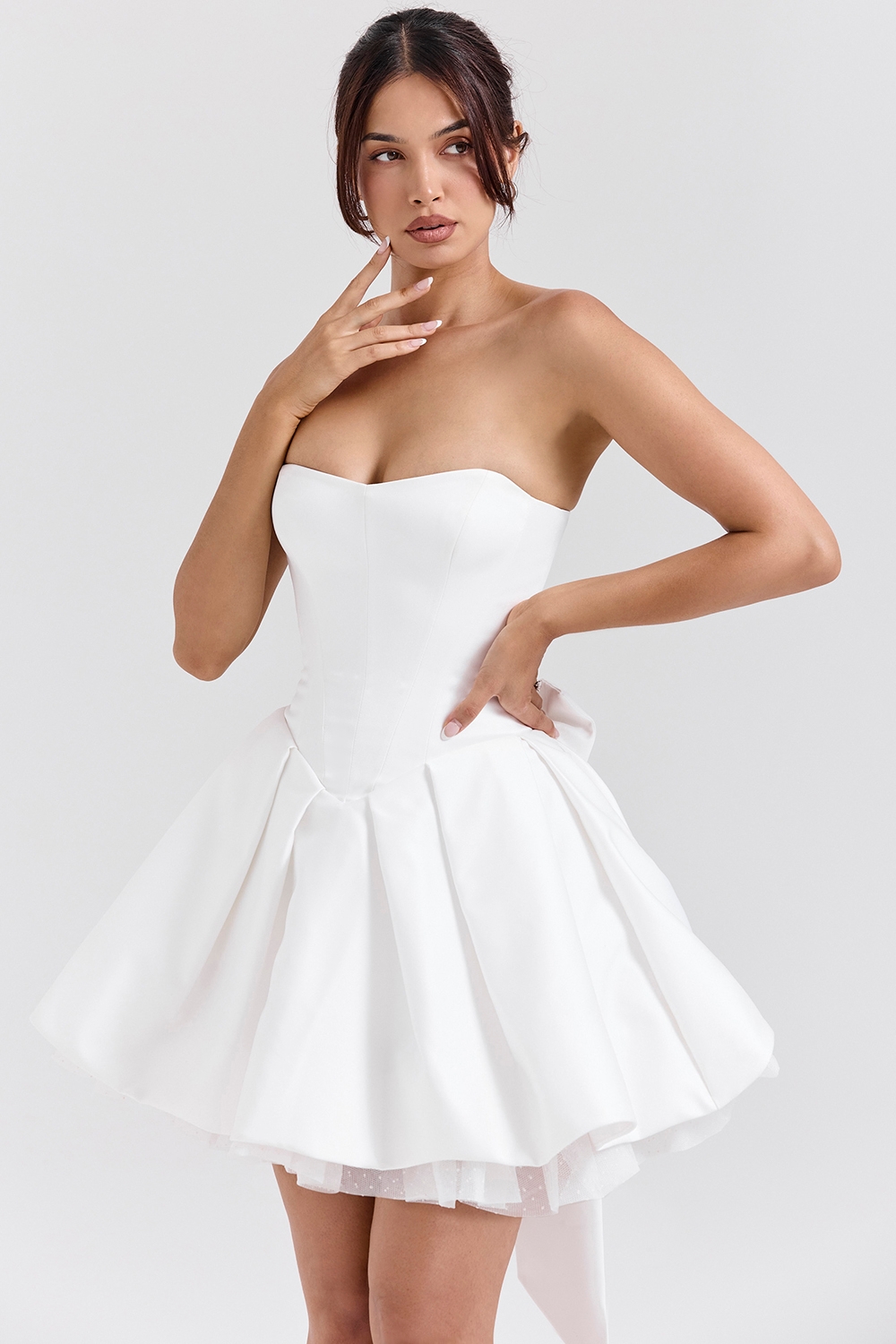 Noele-White Satin Strapless Bow Mini Gown