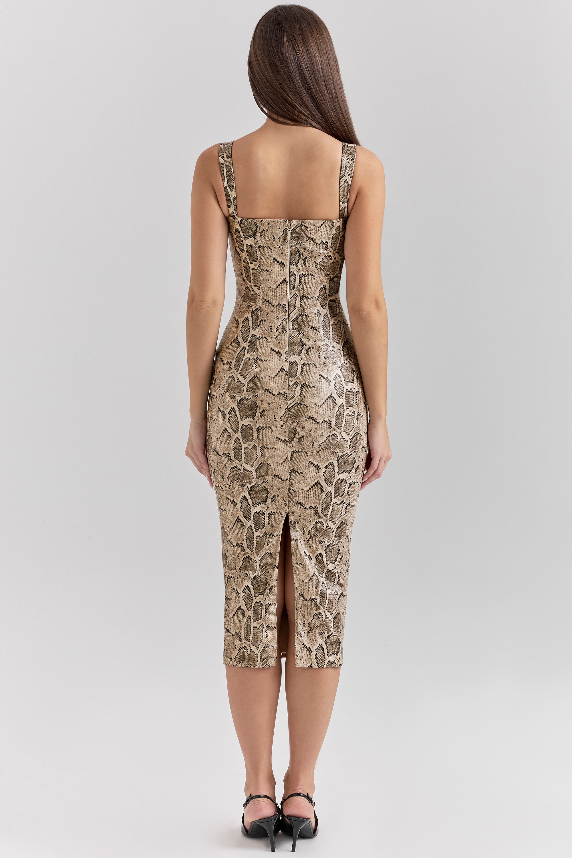 Gracie-Snakeskin Print Vegan Leather Midi Dress