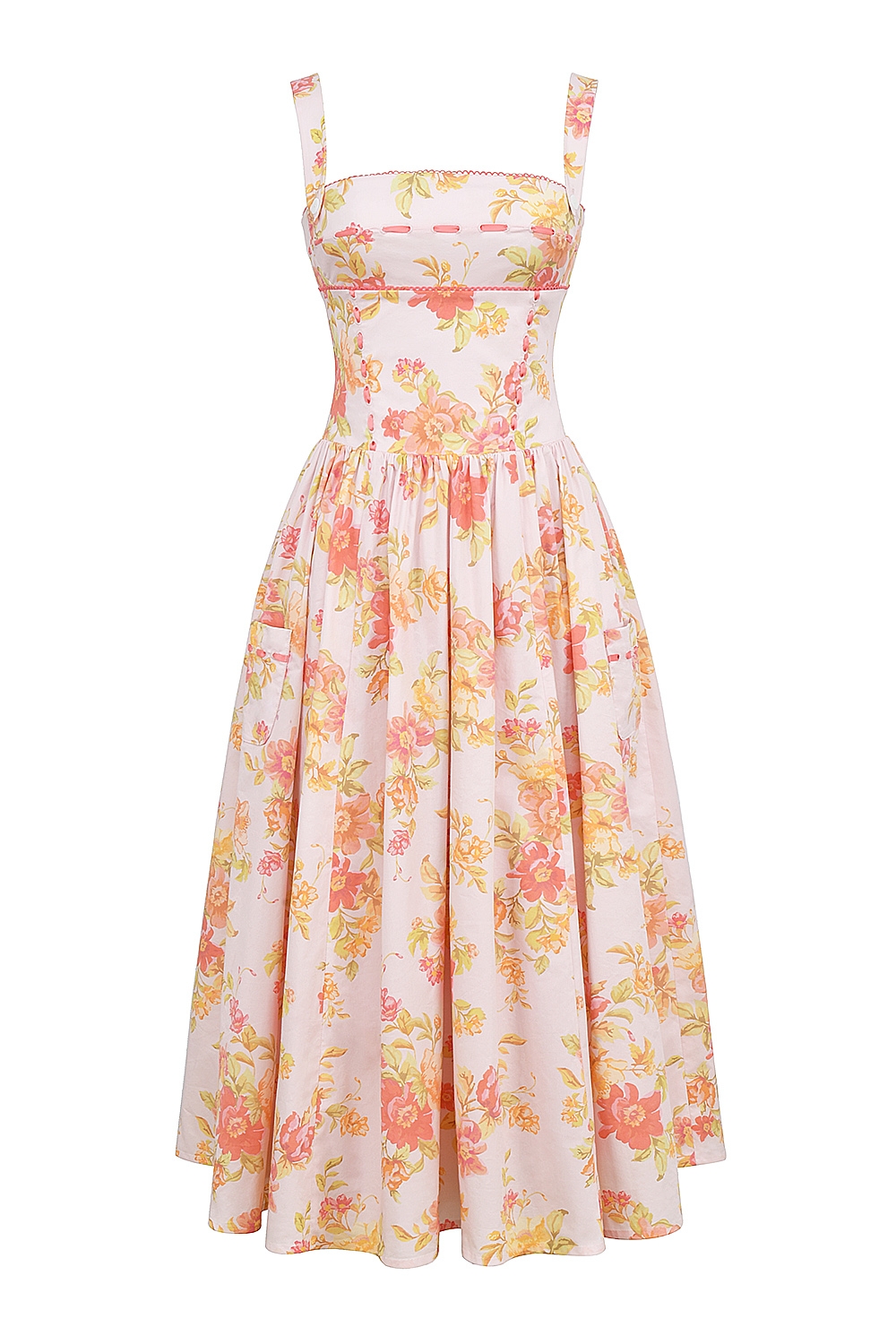 Vivien-Peach Poppy Print Cotton Midi Sundress