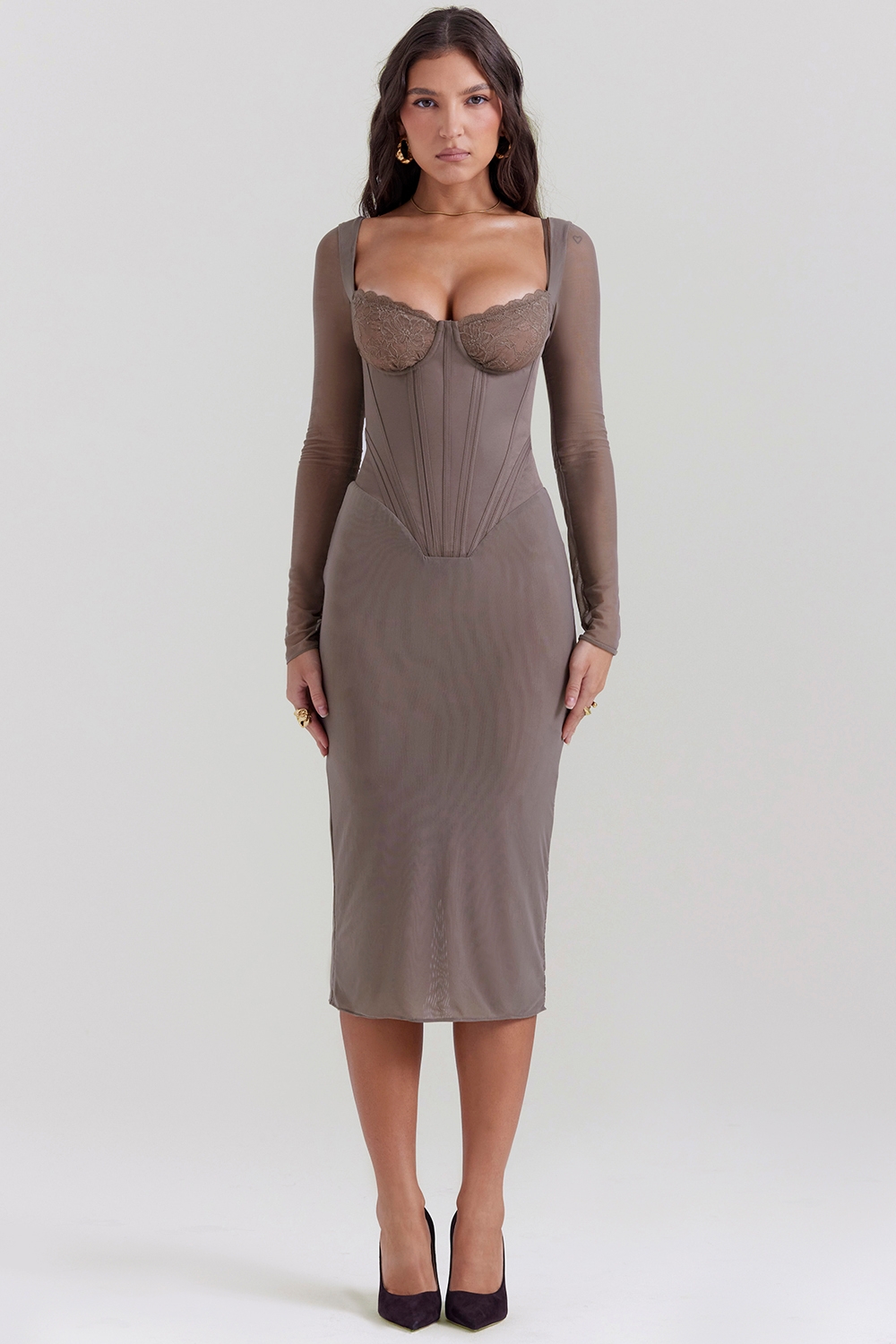 Safran-Mocha Corset Midi Dress