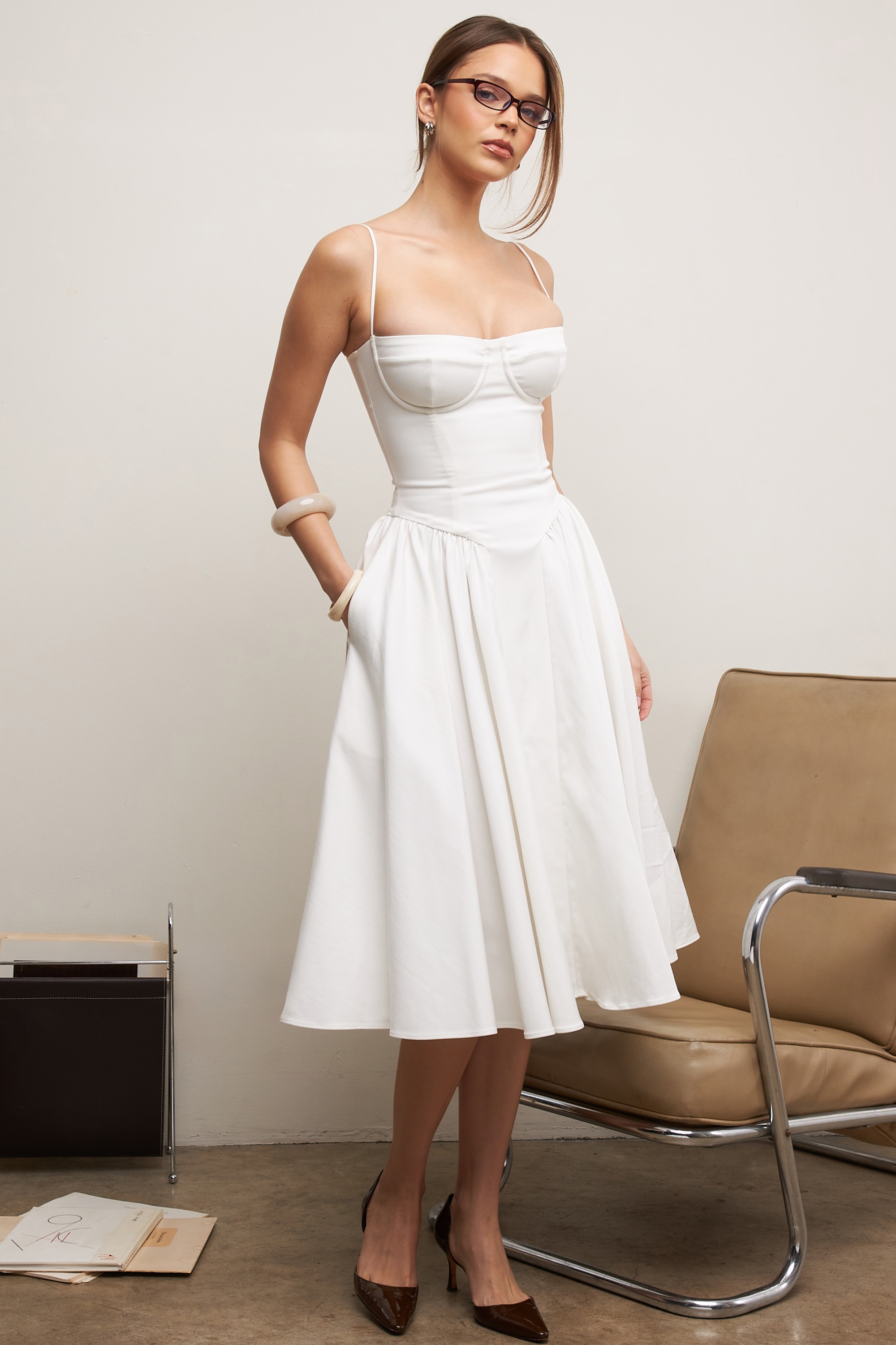 Samaria-White Corset Midi Dress