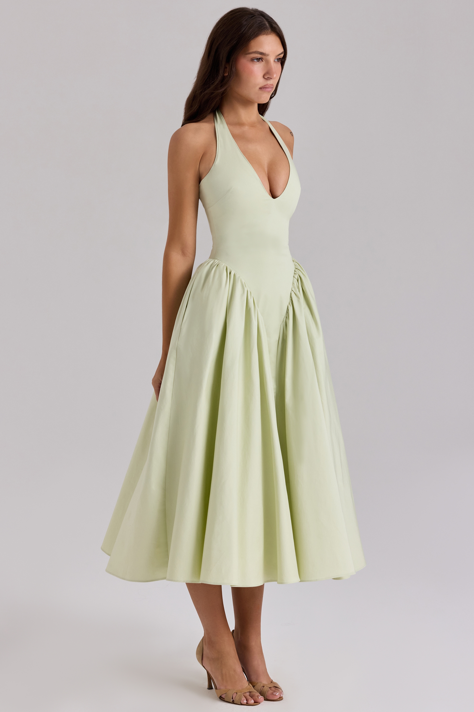 Marilyn-Pistachio Cotton Halter Midi Sundress