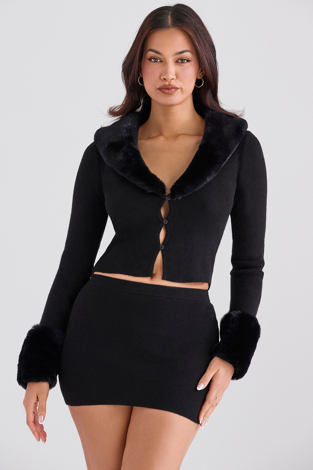 Blanche-Black Faux Fur Trim Cardigan - SALE