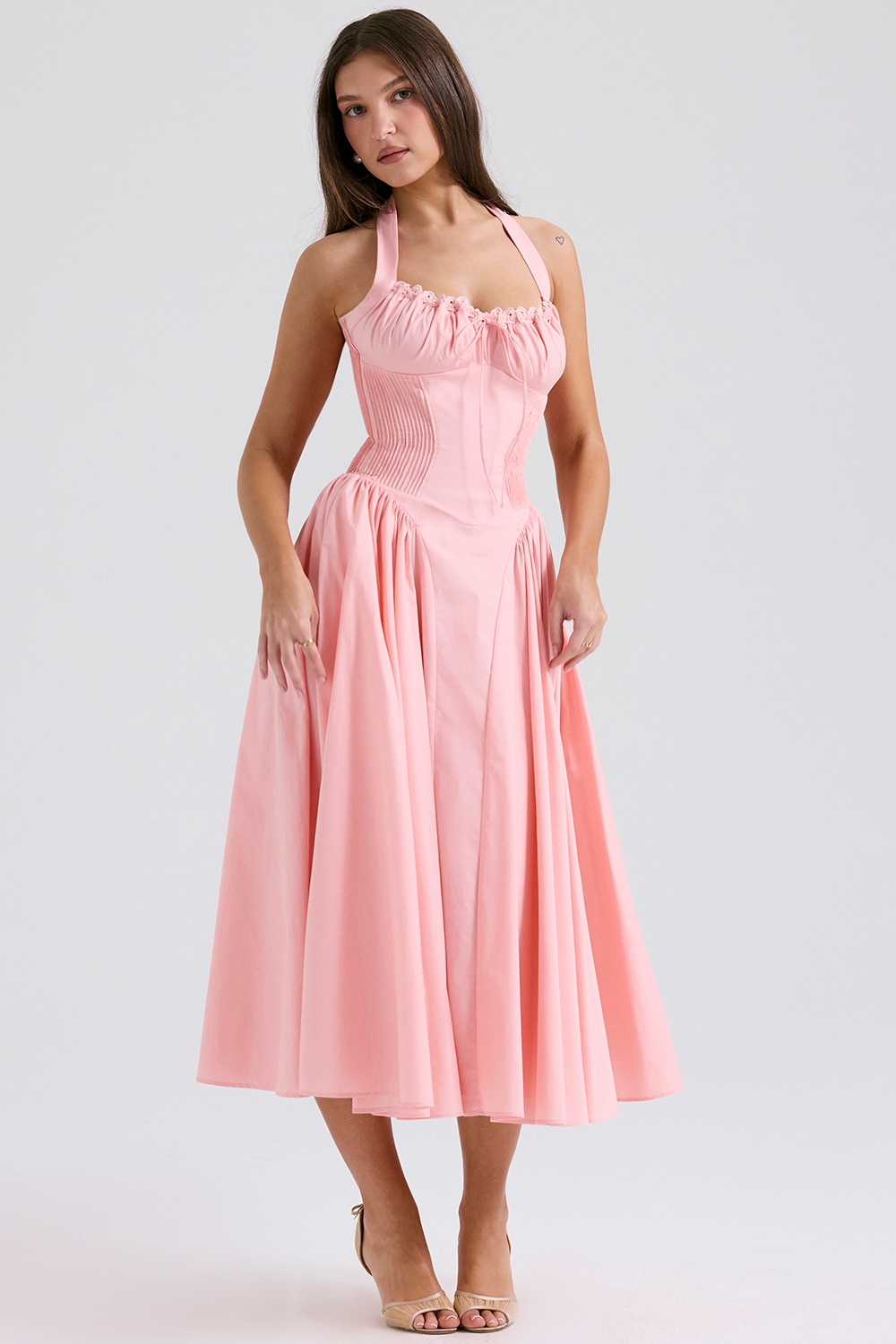 Adabella-Rose Pink Cotton Halter Midi Sundress