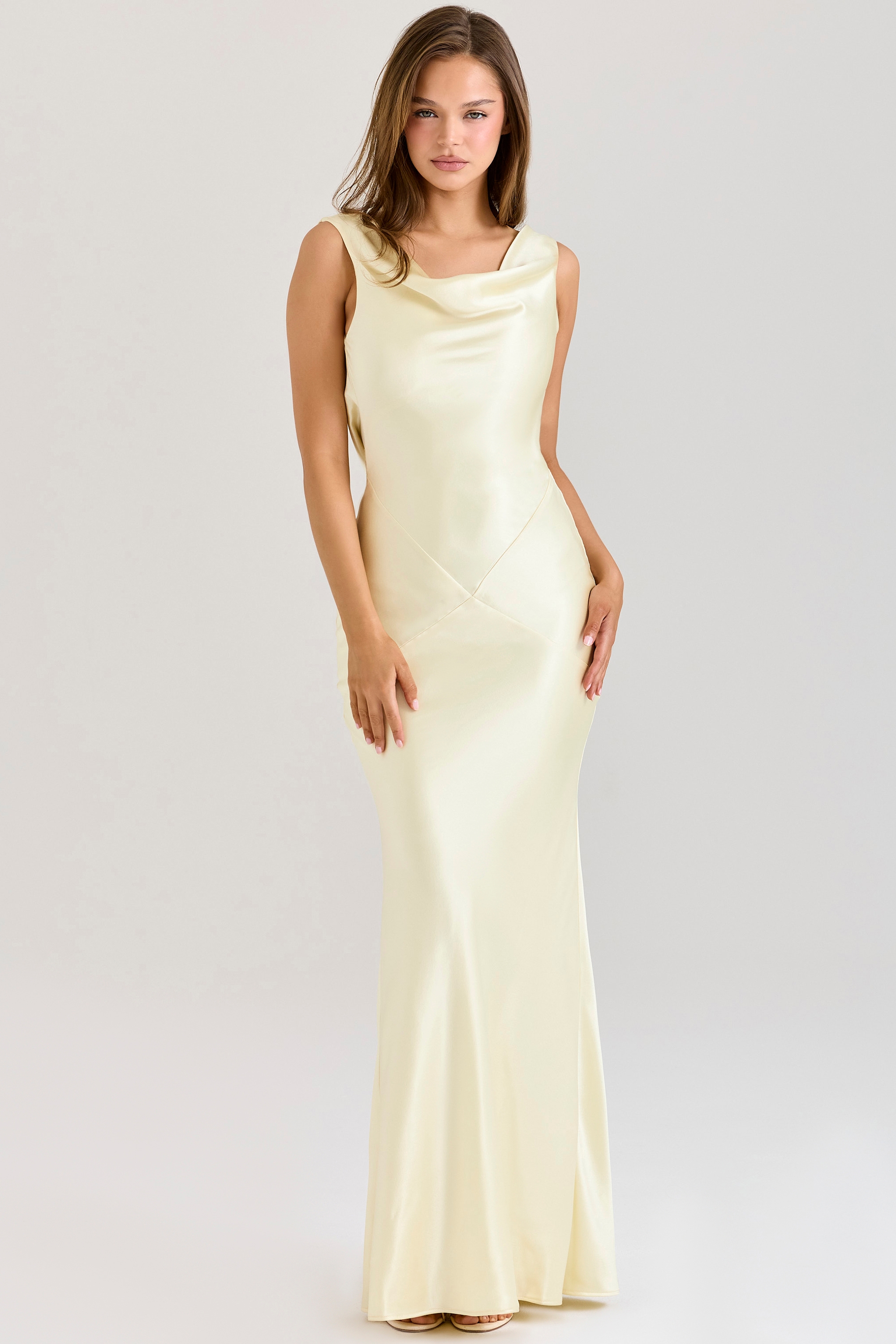 Safaira-Buttermilk Satin Draped Cowl Neck Maxi Dress