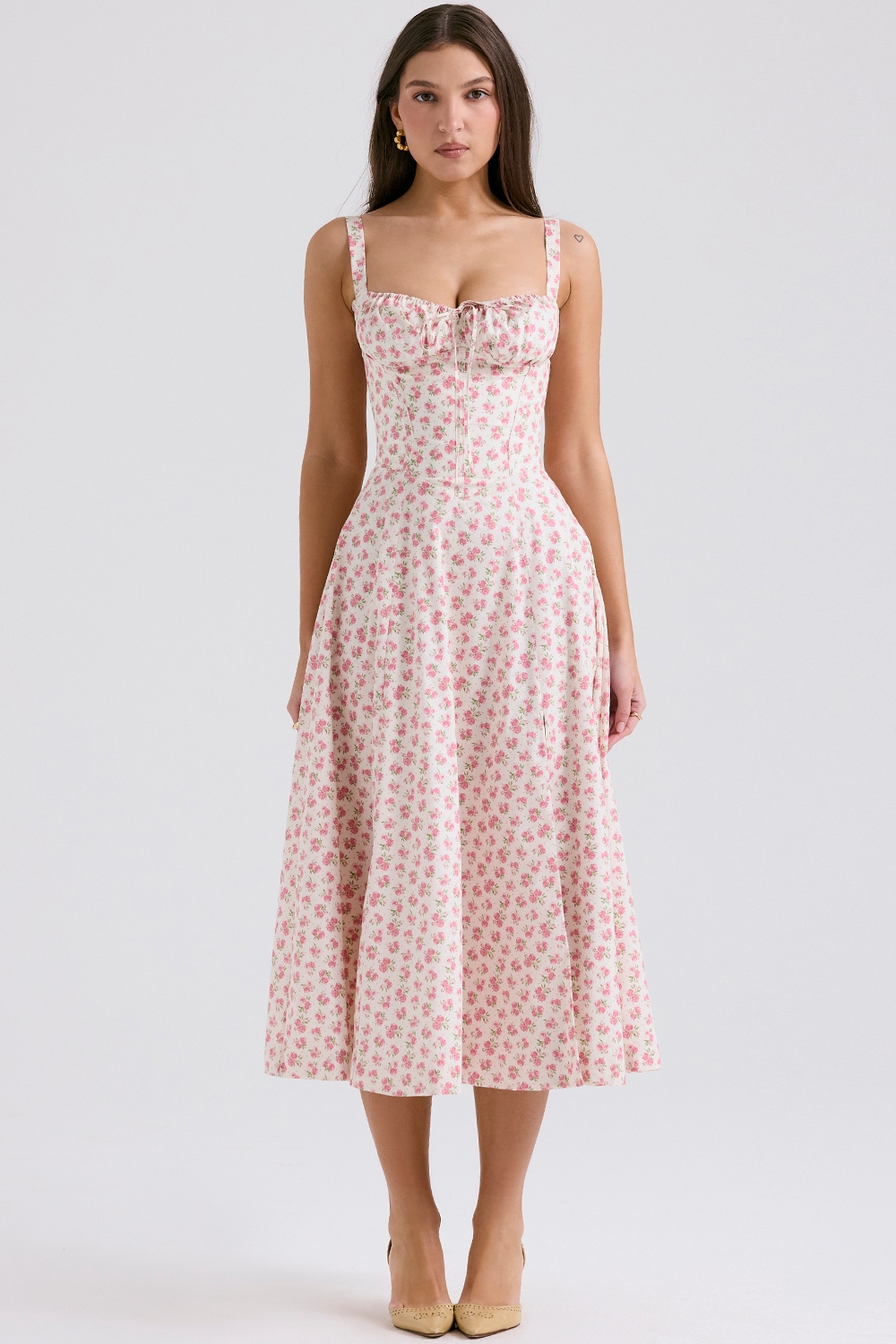 Carmen-White Rosebud Print Cotton Bustier Sundress