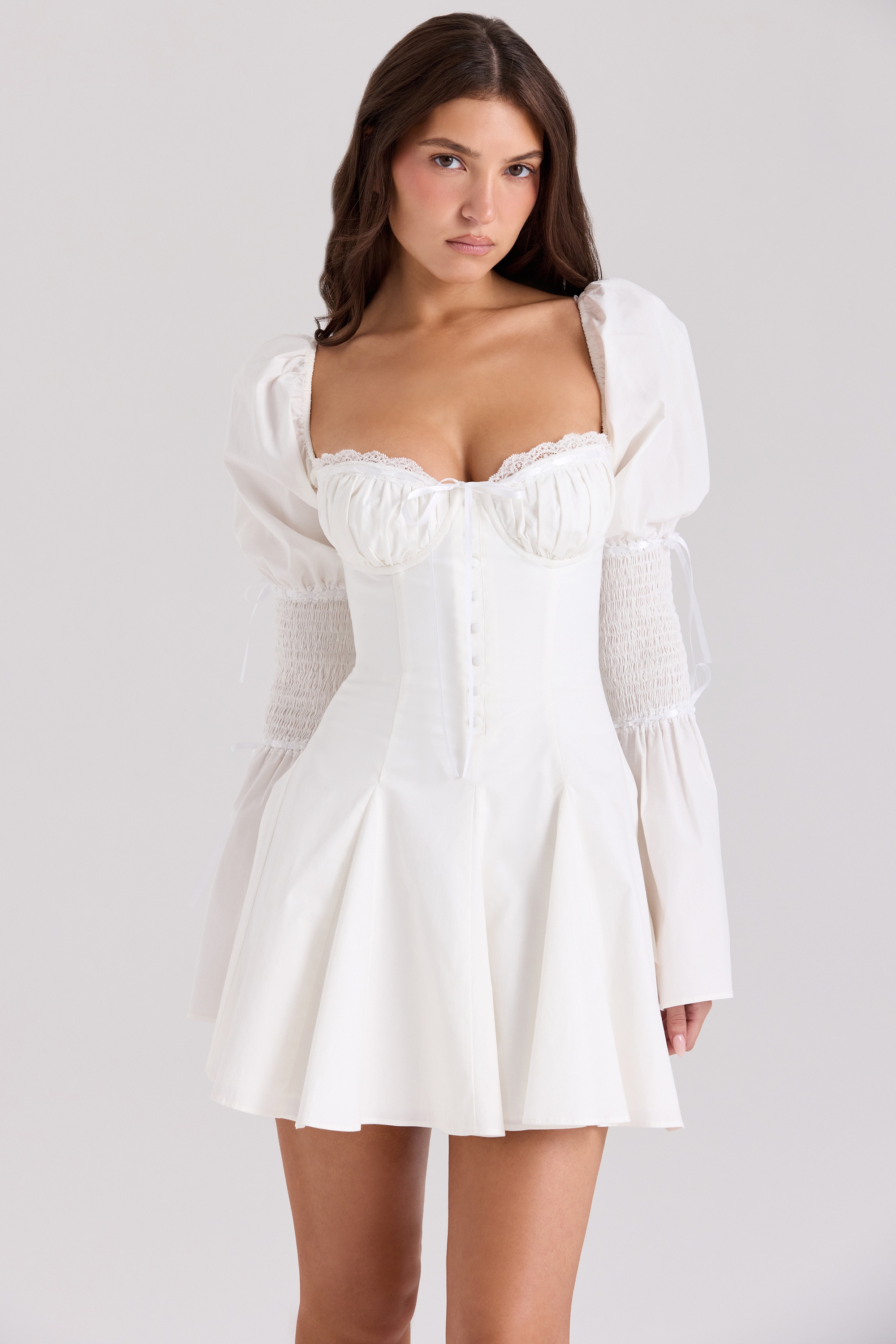 Ellerie-White Cotton Flute Sleeve Mini Dress