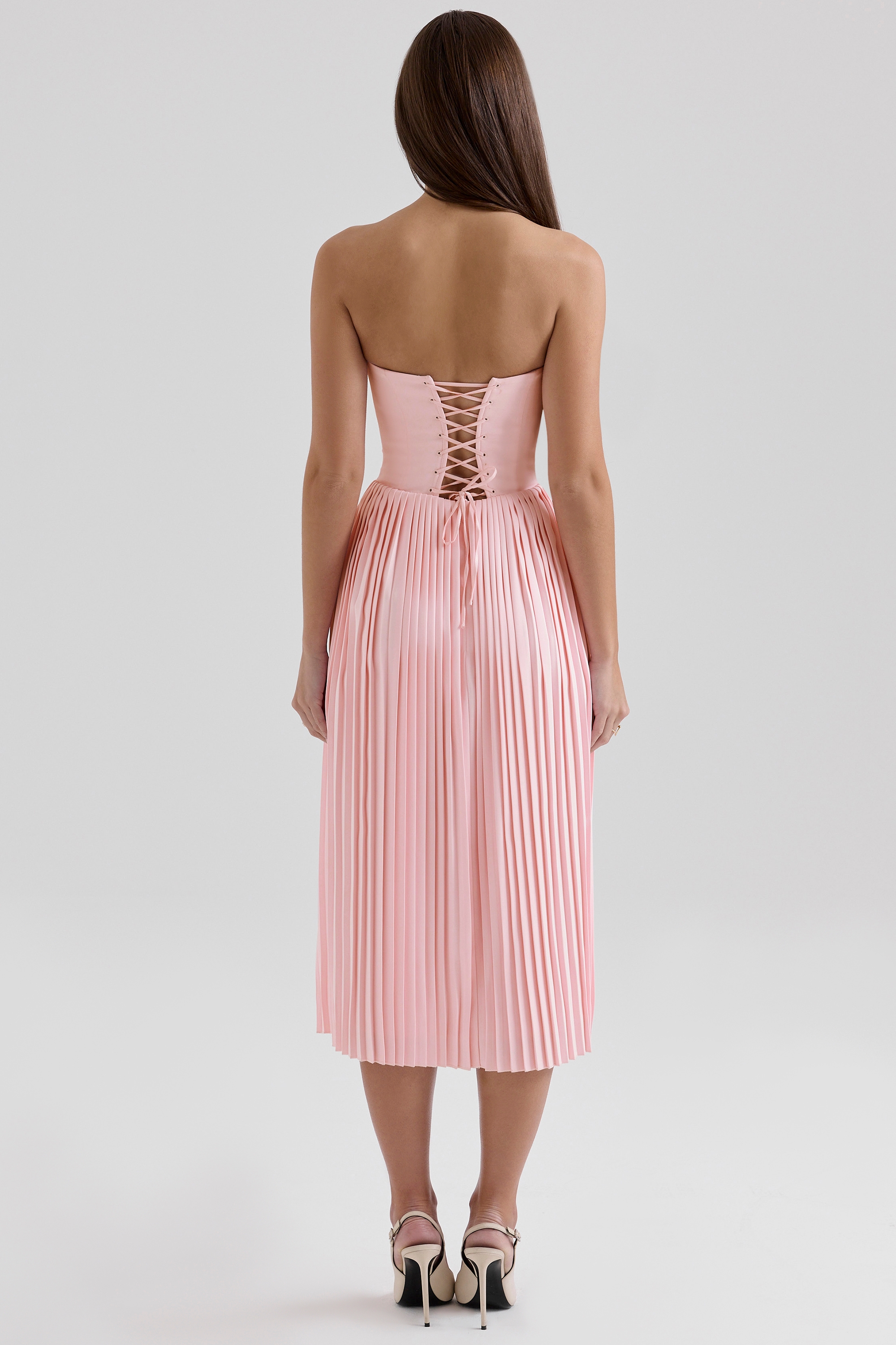 Marci-Pink Pleated Midi Corset Dress