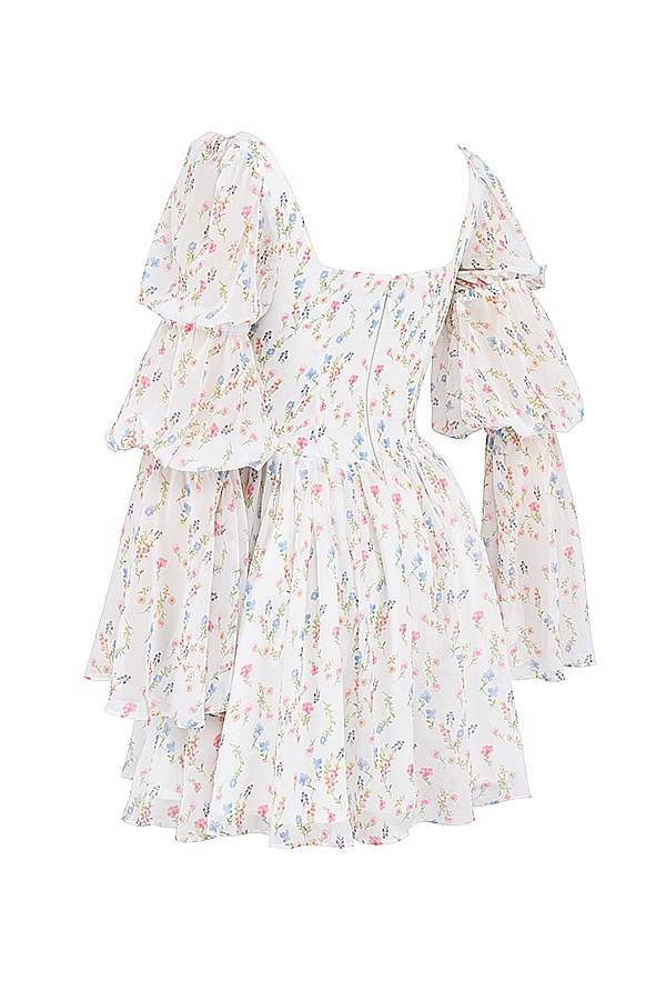 Sancia-White Posy Print Puff Sleeve Mini Dress